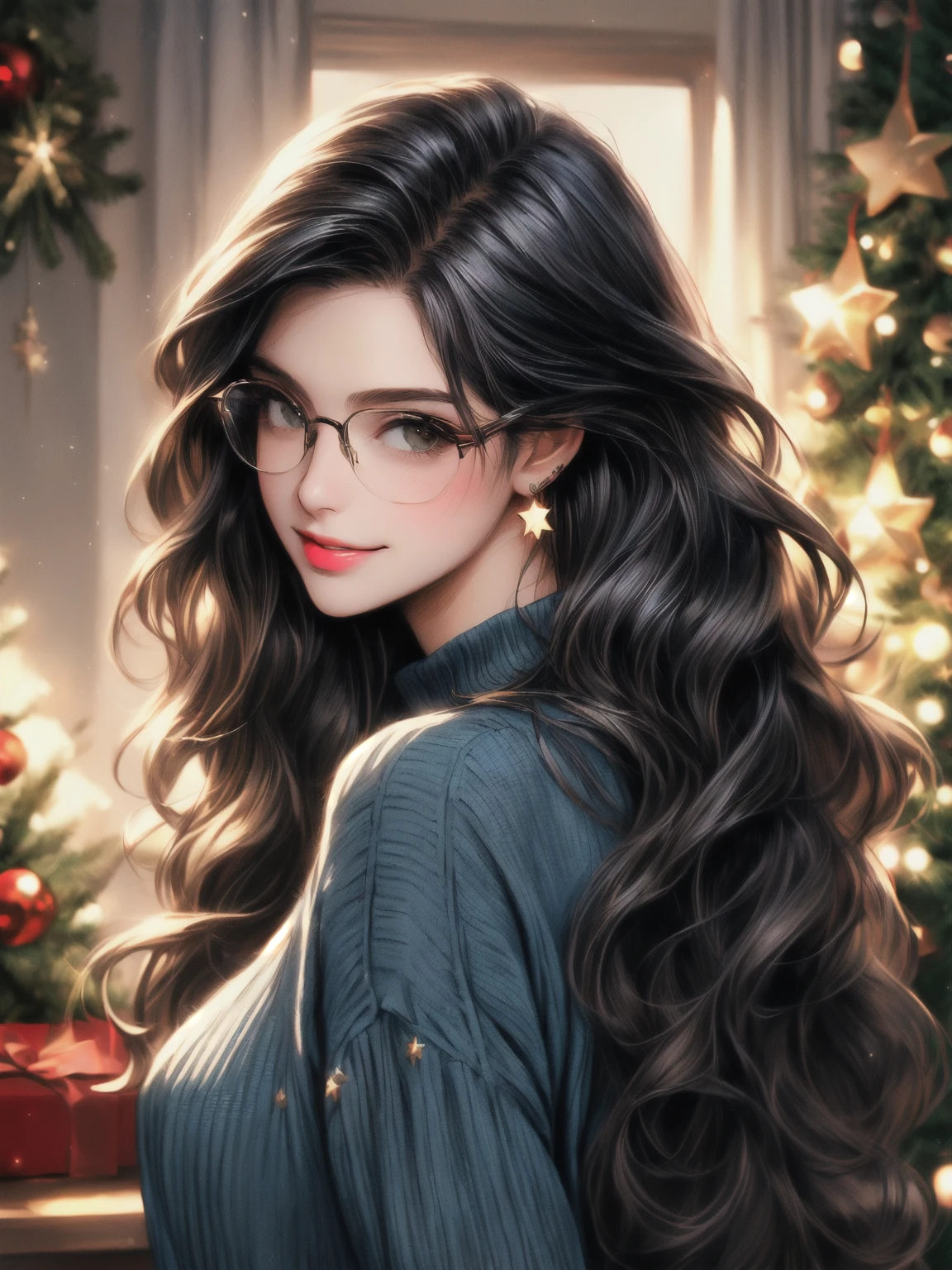 full view traditional illustration detailed, two characters, first: Clark Kent (muscular, black hair, s-curl, glasses, blue sweater) second: and Diana Prince Wonder Woman (long black wavy hair, body positive, small star stud earrings red oversized sweater), lounging together, Christmas tree decorations, rise apartment. he is looking back at Diana with a smile. wholesome, kiss on the neck, lips touching softly shiny tongue digital art