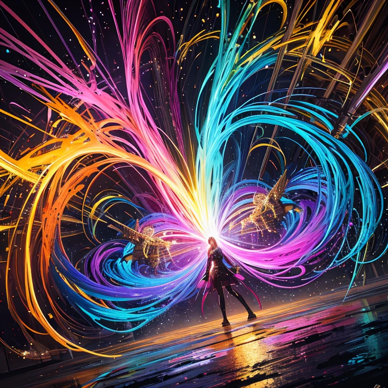 (masterpiece, best quality:1.4), light painting, (long exposure:1.2),dynamic streaks, luminous trails, vibrant colors, fluid movement, captivating patterns, creative experimentation,(2girls),(highest detailed),(fight against another:1.2),
