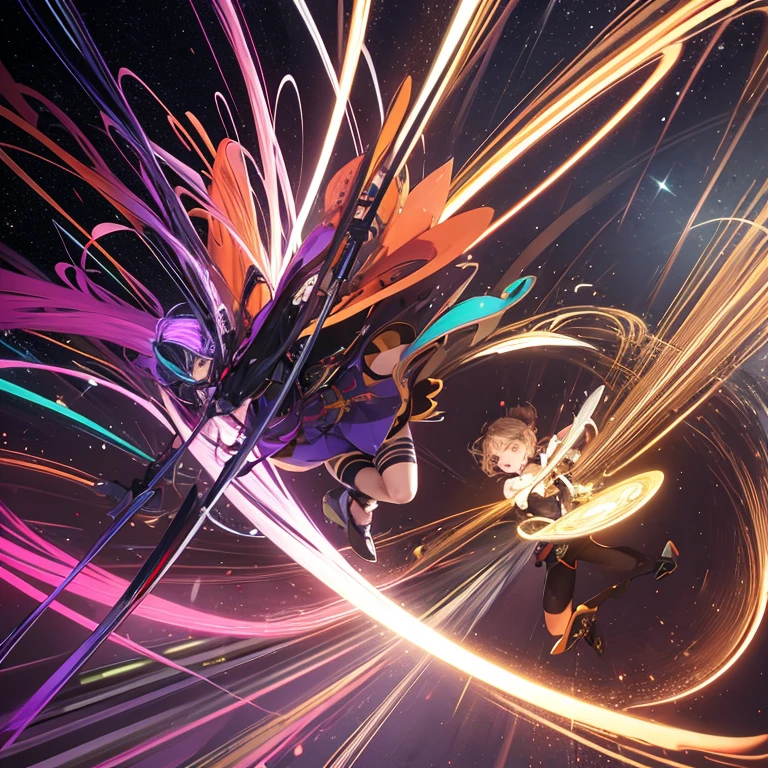 (masterpiece, best quality:1.4), light painting, (long exposure:1.2),dynamic streaks, luminous trails, vibrant colors, fluid movement, captivating patterns, creative experimentation,(2girls),(highest detailed),(fight against another:1.2),