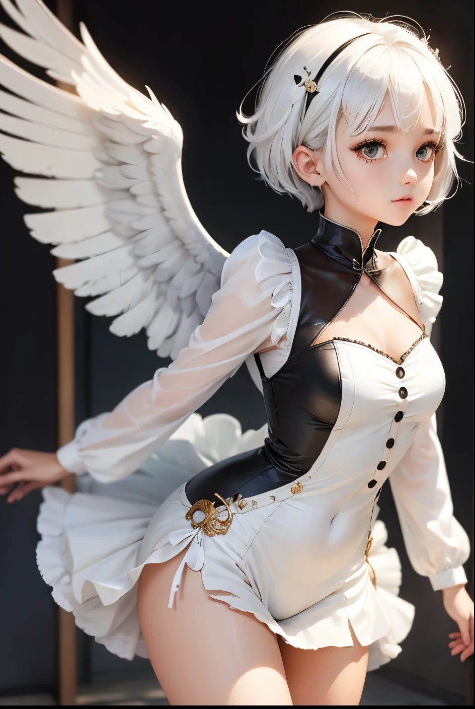((best quality)), ((masterpiece)), (detailed), perfect face, ((best quality)), ((masterpiece)), (detailed), perfect face(Golden ratio:1.2),(Fault color:1.3),[(White background:1.4)::10], (full bodyesbian:1.2),(Ultra-detailed:1.3), （white color background）white background, plain background (colorful ink paper flower grow on the face:1.2), teens girl，White hair，Red glowing eyes, photorealestic,（（（Red and white trench coat））），（Red scarf)，a black pleated skirt，black t-shirts，longer sleeves，（（With a hood）），((Multiple pairs of angel wings))，side-lighting, NSFW, Depicting female characters from ethereal anime in a high-quality anime art style，，，8K，Red and white shoes with a sense of technology，(chaotic geometric images:1.3),(nagative space:0.8),(Drawing board:1.3), (ether colorful ink flowing:1.3), a knight, white background, plain background, Bloodborne inspired, tatty Bloodborne attire, occult aesthetic, occult, tatty red and white clothing detailed and intricate steampunk and detailed gothic lolita (with a hood), long coat, Complex laced boots, Fluttering lace flared long knee length dress with frilly petticoats, long dress, knee length dress, pleated petticoats, lolita dress, petticoats gothic lolita, beautiful small breasts, (((( Highly detailed face))), small thin nose, Small thin lips mouth, (((Very sharp focused eyes))), Very large slit precision pale grey eyes that shine like jewels. very long eyelashes, Silver hair swaying in the wind, Emitting a dazzling light in a mandala pattern, white background, Very dramatic and cinematic lighting, tatty damaged old red and white clothing, full body, whole body, body, cosmic horror, grim dark