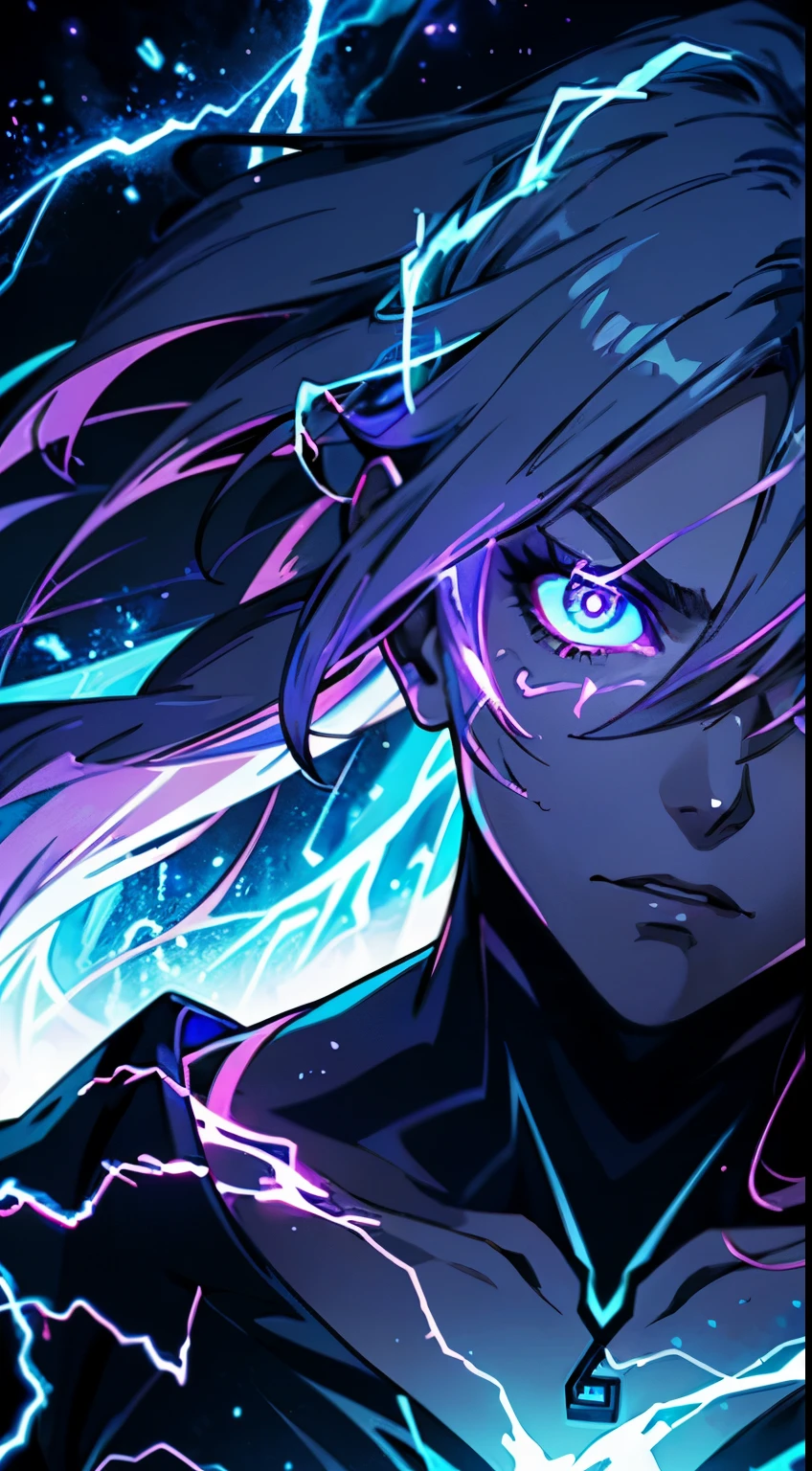 a close-up of a person with a purple and blue background full of lightning, glowing black aura, evil aura, 8k anime, an epic anime of a being with lightning powers, epic anime style, menacing aura, aura of darkness, evolving into his final form, glowing power aura, cosmic power glowing and flourishing, many lightning bolts surrounding the character