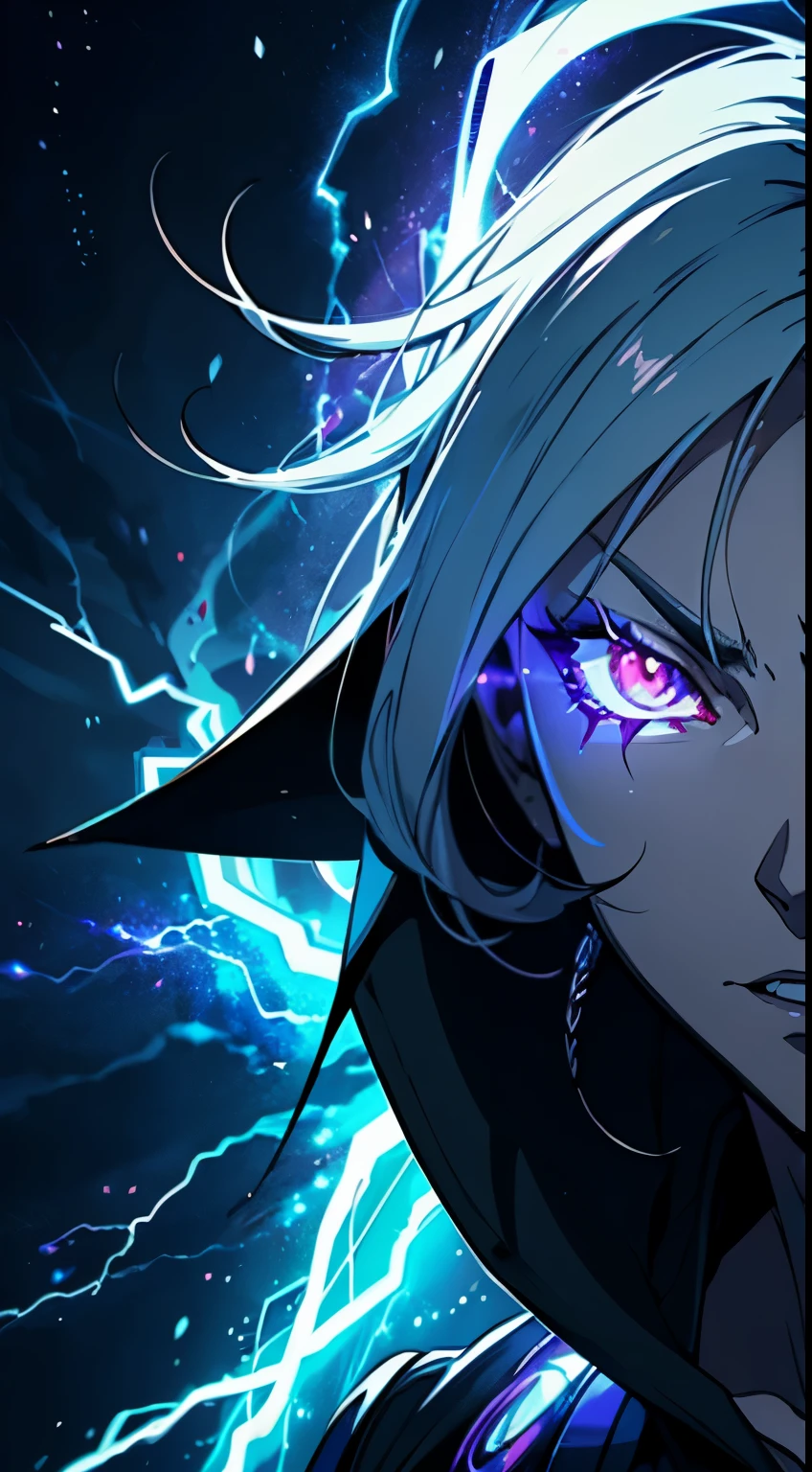 a close-up of a person with a purple and blue background full of lightning, glowing black aura, evil aura, 8k anime, an epic anime of a being with lightning powers, epic anime style, menacing aura, aura of darkness, evolving into his final form, glowing power aura, cosmic power glowing and flourishing, many lightning bolts surrounding the character