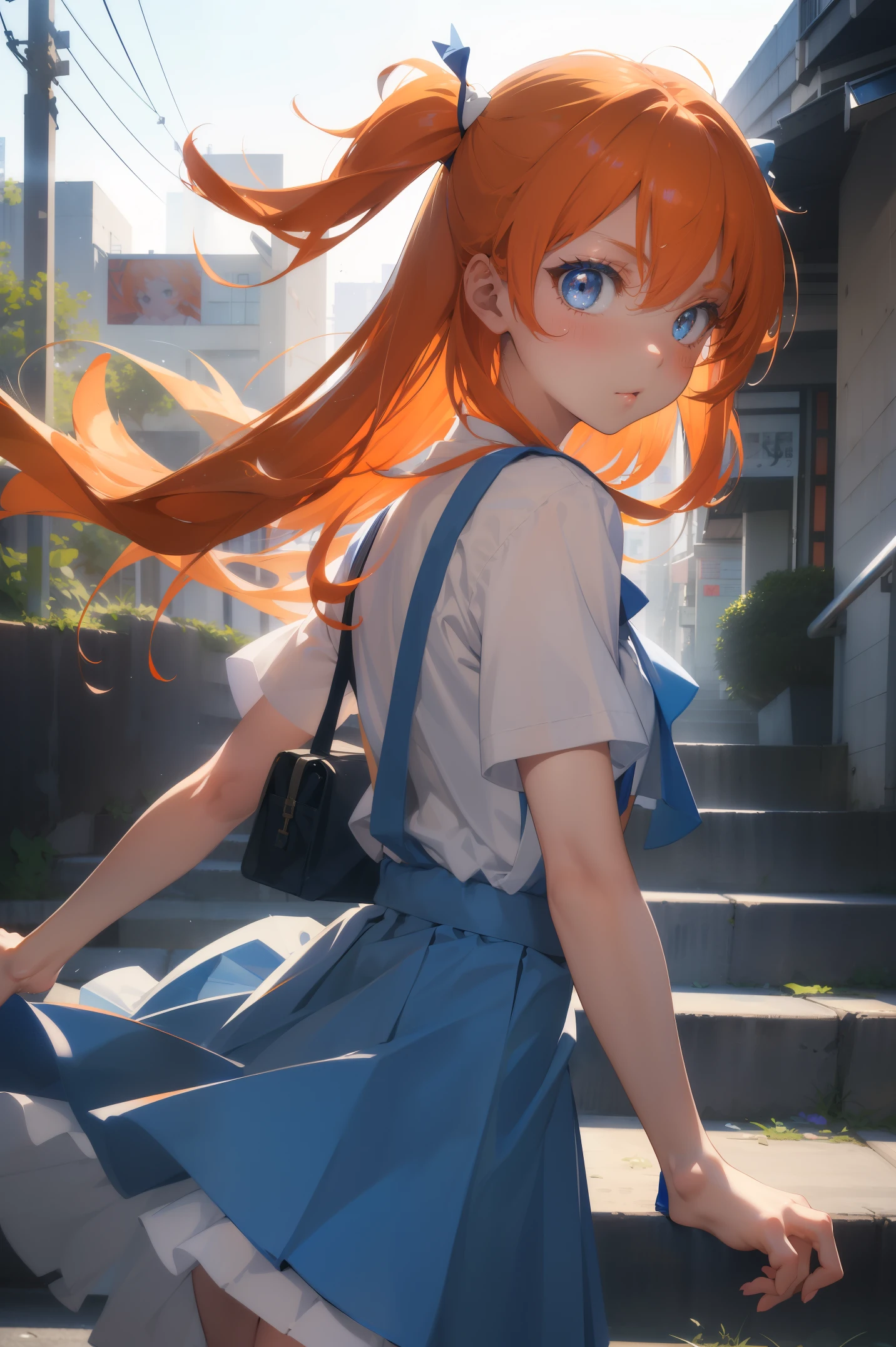 (masterpiece, best quality:1.2), (tsurime:1.2),
(face focus, face close-up, close-up face:1.2), tsurime, 1girl, souryuu asuka langley, solo, blue eyes, school uniform, looking at viewer, long hair, looking back, tokyo-3 middle school uniform, orange hair, white shirt, from behind, shirt, short sleeves, closed mouth, bangs, two side up, stairs, feet out of frame, white socks, suspender skirt, blue skirt, blue dress, outdoors, dress, hair ornament,