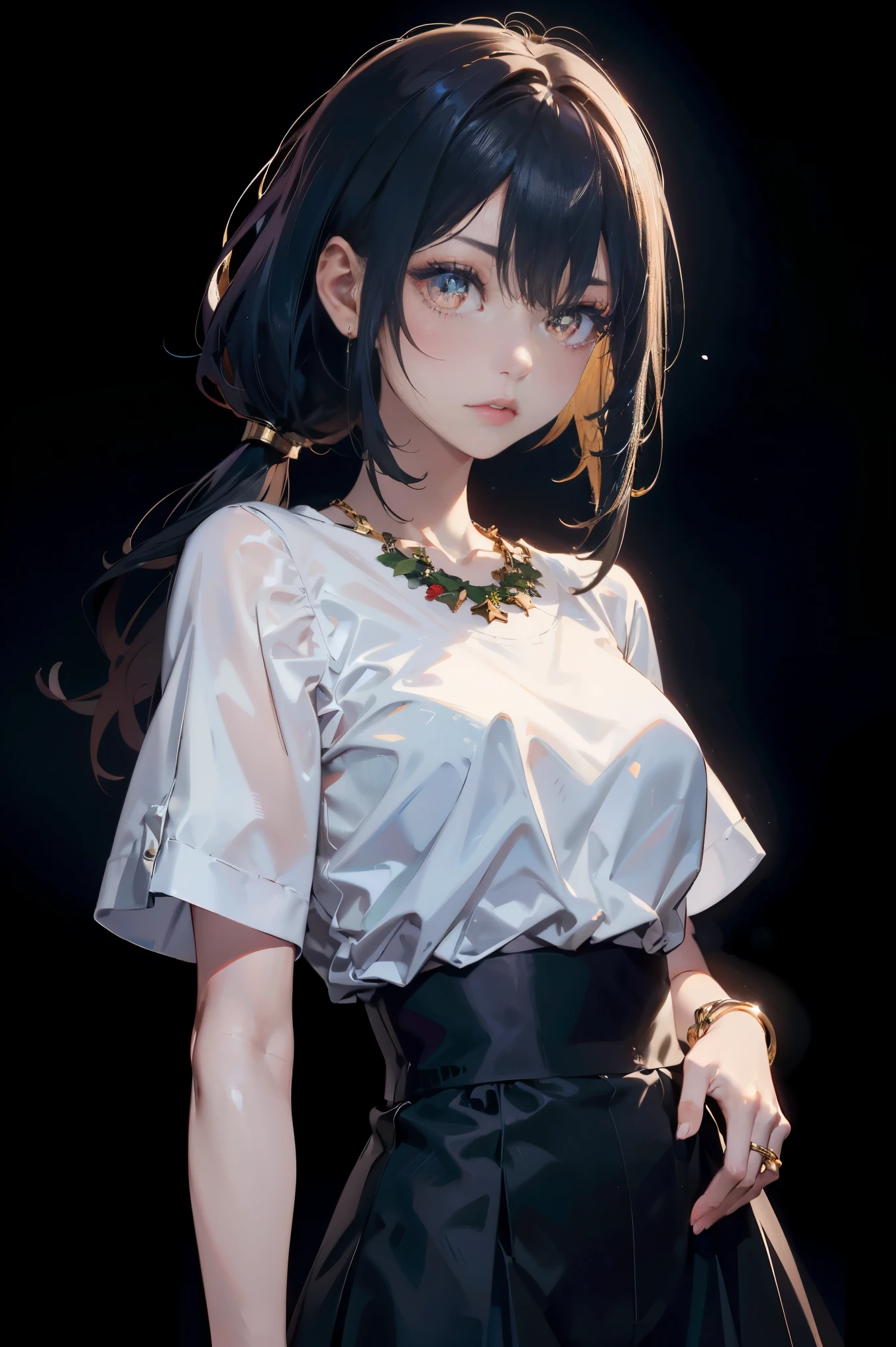 a 20 yo woman、Black blue Hair、poneyTail、(hi-top fade:1.3)、dark themed、Muted Tones、Subdued Color、highly contrast、(natural skin textures、Hyper-Realism、Soft light、sharp)、makeup, mascara, Lips are subdued or colors, simple black background, Minimalism, monotone, simple color palettes, Clean, sharp designs, flowing silhouettes, Tight skirts and pants, high-waisted skirts and pants, simple dresses, shirts and blouses, asymmetrical, geometric, Elegant and luxurious materials and designs, Simple, minimal accessories, Slim necklaces and rings in silver or gold, Simple bangles, Distinctive designs, simple silhouettes, simple and sophisticated style, elegance, minimalism, high quality materials, cool and urban impression, high fashion, simplicity and sophistication,Santa Costumes、Christmas、Christmas cosplay、The background is a Christmas tree、straight haired、