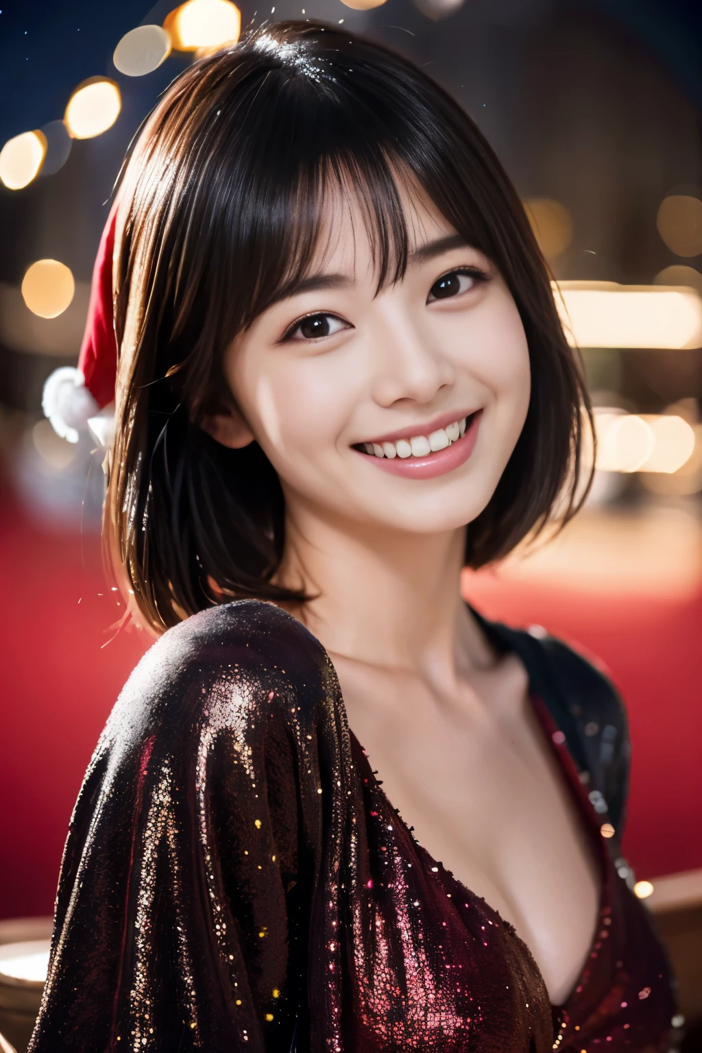 A sparkling Christmas night、santa costume、Provocative smile、short-haired、Beautiful Japan actress、sakimichan、cinematric light， realisticlying， tmasterpiece， best qualtiy， Complex CG，Highly detailed face，High detail eyes，