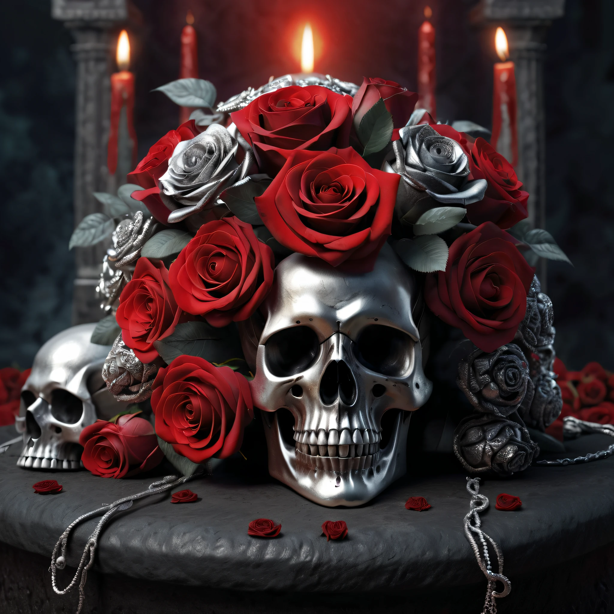 Best Quality,8K,hight resolution,masutepiece:1.2,Ultra-detailed,realistic silver metallic skull,detailed corpse,Bouquet of red roses,Grave,dark background with altar,Horror-themed,horror festival setting