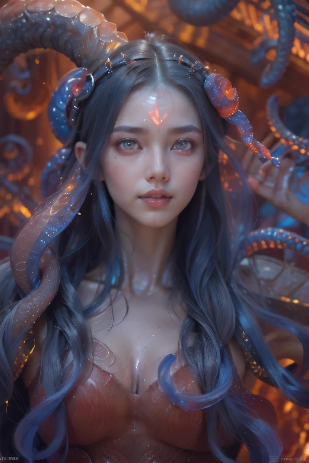 Portrait, (a beautiful female Alien:1.2), (There is a female genital-like organ in the middle of the forehead:1.8), (The most beautiful face in the history of the universe:1.2), (scarlet eyes:1.6), (Translucent skin:1.8), an evil gaze that seduces , (red eyes:1.5), Full body like, (sexypose:1.5), alien, No humans, cells are fused, (Lots of blue tentacles:1.1) (Blue skin:1.3), extraterrestrial, cell, bio image, 魅惑的, Best Quality, 8K,4K_quality, high_Definition, Dramatic Lighting, masutepiece:1.5,cinematic quality, detail up, (Intricate details:1.2), high resolution, High Definition, drawing faithfully, (Thick eyebrows:1.2), Beautiful eyes with fine symmetry, (Ultra detailed eyes:1.2),(Highly detailed face and eyes:1.2), (High-resolution red-eye:1.4), Intimate face, (Super detailed skin quality feeling:1.4), Perfect Anatomy, (Beautiful toned body:1.5), (Moist skin:1.2), No makeup, (dark circles:1.1), long canines, cinematic drawing of characters, ultra high quality model, cinematic quality, detail up, (Intricate details:1.2), high resolution, High Definition, drawing faithfully, Official art, Unity 8K wall , 8K Portrait, Best Quality, Very high resolutio, ultra detailed artistic photography, midnight aura, unreal enginee 5, Ultra Sharp Focus, art by alberto seveso, ArtGerm, Roisch, , intricate artwork, Medusa, best quality,tmasterpiece,超A high resolution,(photos realistic:1.4),Ultra-realistic realism,dream-like,nautilus, Creation of fantasy,Snail,Dream Snail,Biopunk nautilus,Thrilling color schemes, Ultra-realistic realism, abstracted, seductively smiling