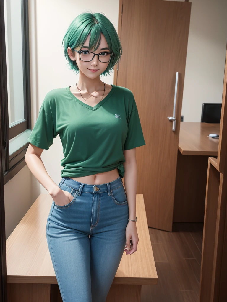 Masterpiece, Best Quality, 1girl, 独奏, 23 years old, Adult, Turquoise and green hair, messy hair, asymmetrical hair, ahoge, extremely short hair, aqua eyes, Average Breasts,, toned, 167cm, pale skin, eyeglasses, grin, olive-green shirt, Jeans, midriff peek,