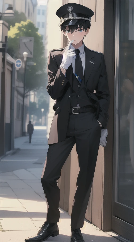 16 years old boy，Wear white gloves，Wear black long-sleeved clothes and tie，Wear a black officer's hat，Wear black pants，Wear handmade black bootlack eyes，with short black hair，licking gloveace flushed，perspired，Very shy，full body