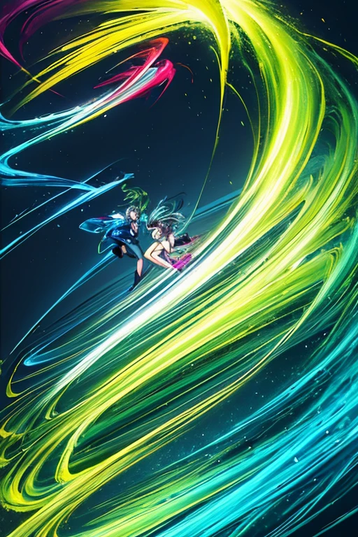 (masterpiece, best quality:1.4), light painting, (long exposure:1.2),dynamic streaks, luminous trails, vibrant colors, fluid movement, captivating patterns, creative experimentation,(2girls),(highest detailed),(fight against another:1.2),angry