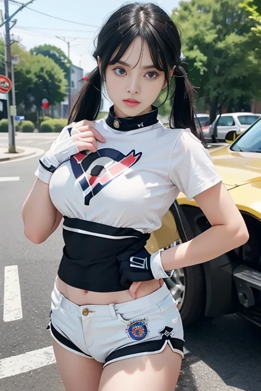 1girl, dynamic pose, dynamic view,, videl2,blue eyes, black hair, twintails, black gloves, bike_shorts, bangs, white shirt, badge, (((photorealistic, hyper-realistic, RAW photo:1.2))),masterpiece, best quality, intricate details, 8k uhd, perfect face, perfect eyes,