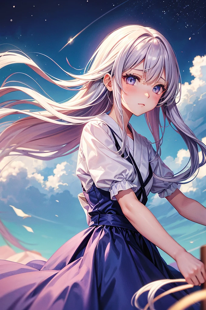 ((masutepiece,Best Quality)),(negative space:1.4),(1girl in, Solo:1.4),Beautiful detailed eyes,Floating pastel pink and lavender hair, Lavender eyes, At night, Starry sky, Shining stars, moon shining, Crying girl,length hair, Hair swaying in the wind, Tears fall and disappear into the sky,