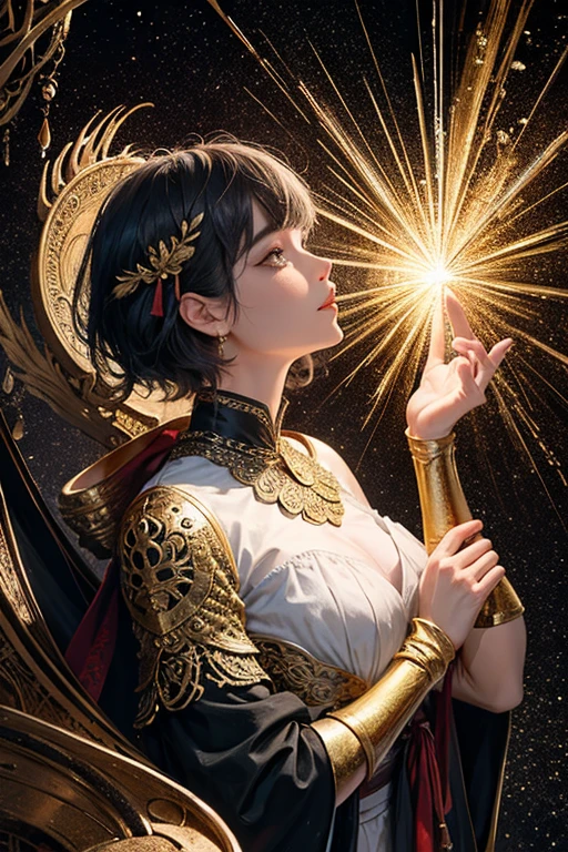 (masterpiece、Top Quality、Top Quality、Official Art、Beautifully Aesthetic:1.2)、(1girll)、Extreme Details、colourfull、highestdetailed、Official Art、unity 8k wallpaper、extremely highly detailed、Beautifully Aesthetic、Beautiful fece、masterpiece、Top Quality、(zentangle、mandalas、tangle、Entanglement)、holy light、gold foil、gold foil 예술、glitter drawing、PerfectNwsjMajmagic、pixie cut、a sorcerer