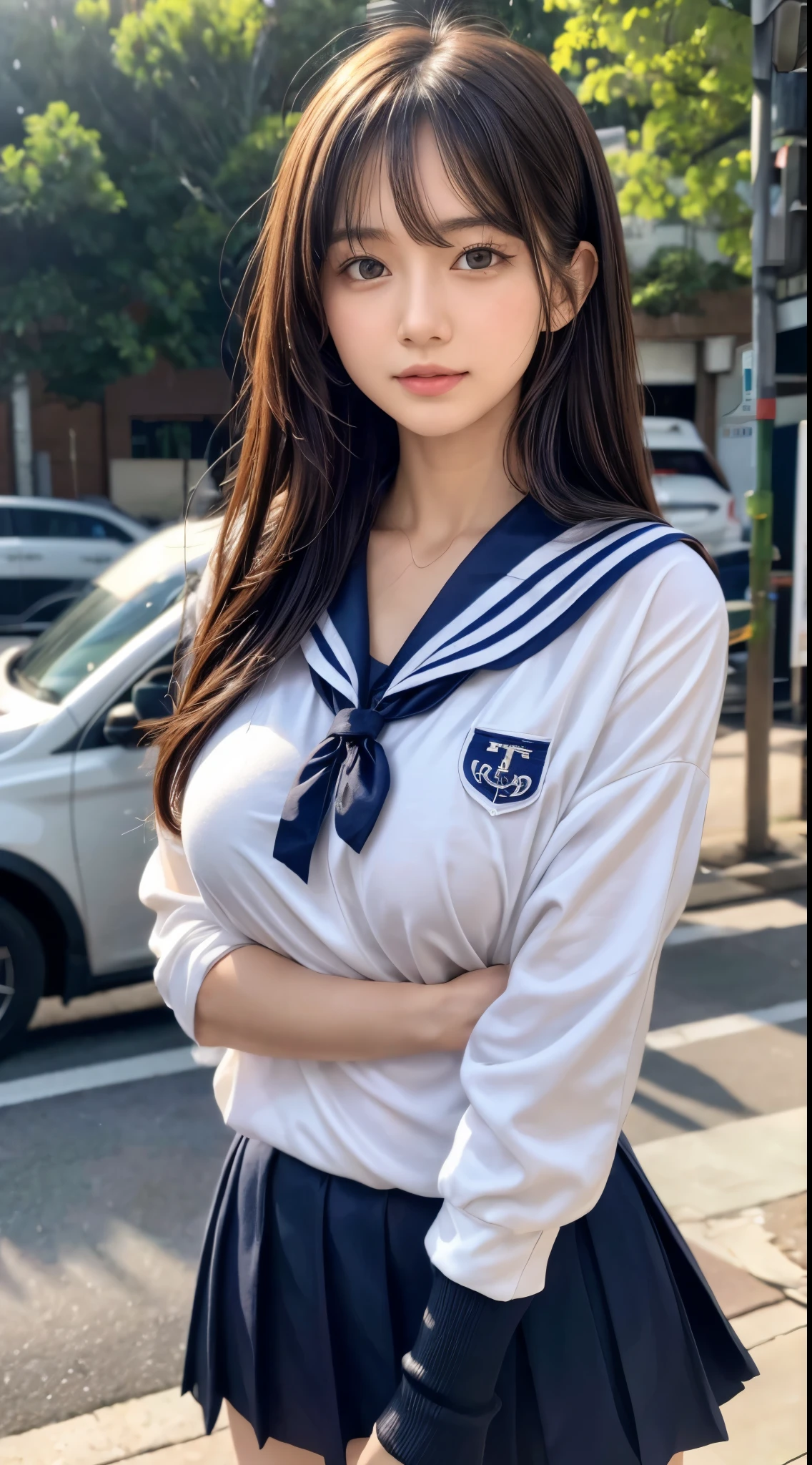 (8K,masutepiece, Raw photo,Best Quality:1.4),(photographrealistic:1.2),(extremely Detailed face),(Shiny skin),(Detailed skin),(Detailed face),(Extremely beautiful face),1girl in,Looking at Viewer,Japanese ido(actor hair,Medium Hair,Straight hair,asymmetrical bangs,Smile,glamor,Big breasts, (School uniform, Sailor Suit:1.2), Street ,High Position,natural soft light