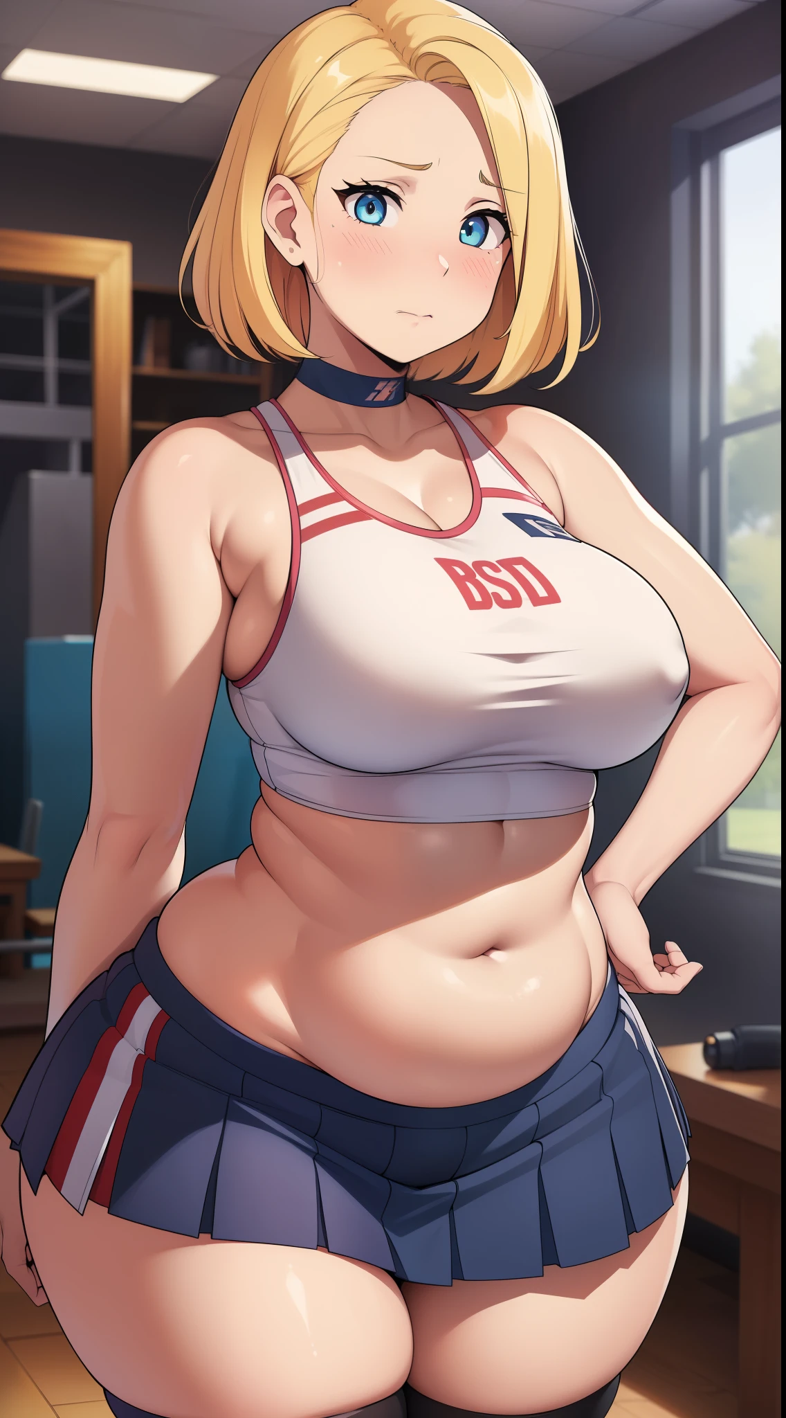 ((Masterpiece)), perfect anatomy, perfect shading, field of depth, (best quality), extremely delicate and beautiful, perfect lighting, detailed face, ultra cute face, cute, (cowboy shot 1.2), full body, (((2girls))), ((2 girls 1 and 2))

Girl 1: has long hair, fluffy hair, blonde hair, blue eyes, ((blush)), (embarrassed), extremely tight clothes, medium breasts, cleavage, perky breasts, ((wide hips)), (thick thighs), ((chubby)), pudgy belly, fat rolls, belly hang,

Girl 2: has short hair, fluffy hair, brown hair, green eyes, ((blush)), worried, chocker, extremely tight clothes, medium breasts, cleavage, perky breasts, (((wide hips))), ((thick thighs)), ((big butt)), ((plump)), chubby belly, fat rolls, belly hang, she has a jiggly belly,

school gym, intricate background, detailed background, girls are standing next to each other, ((cheerleader uniform)), (white tank top 1.2), (short section skirt 1.2), thigh highs, hands on hips