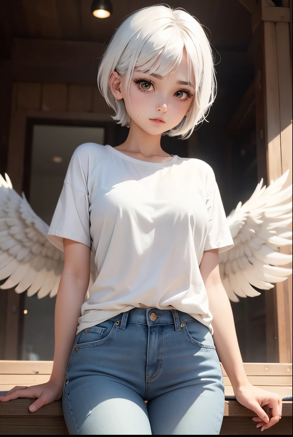 cute girl,She has two wings, Short white hair, white wings, Hawk eyes, white shirt, jeans