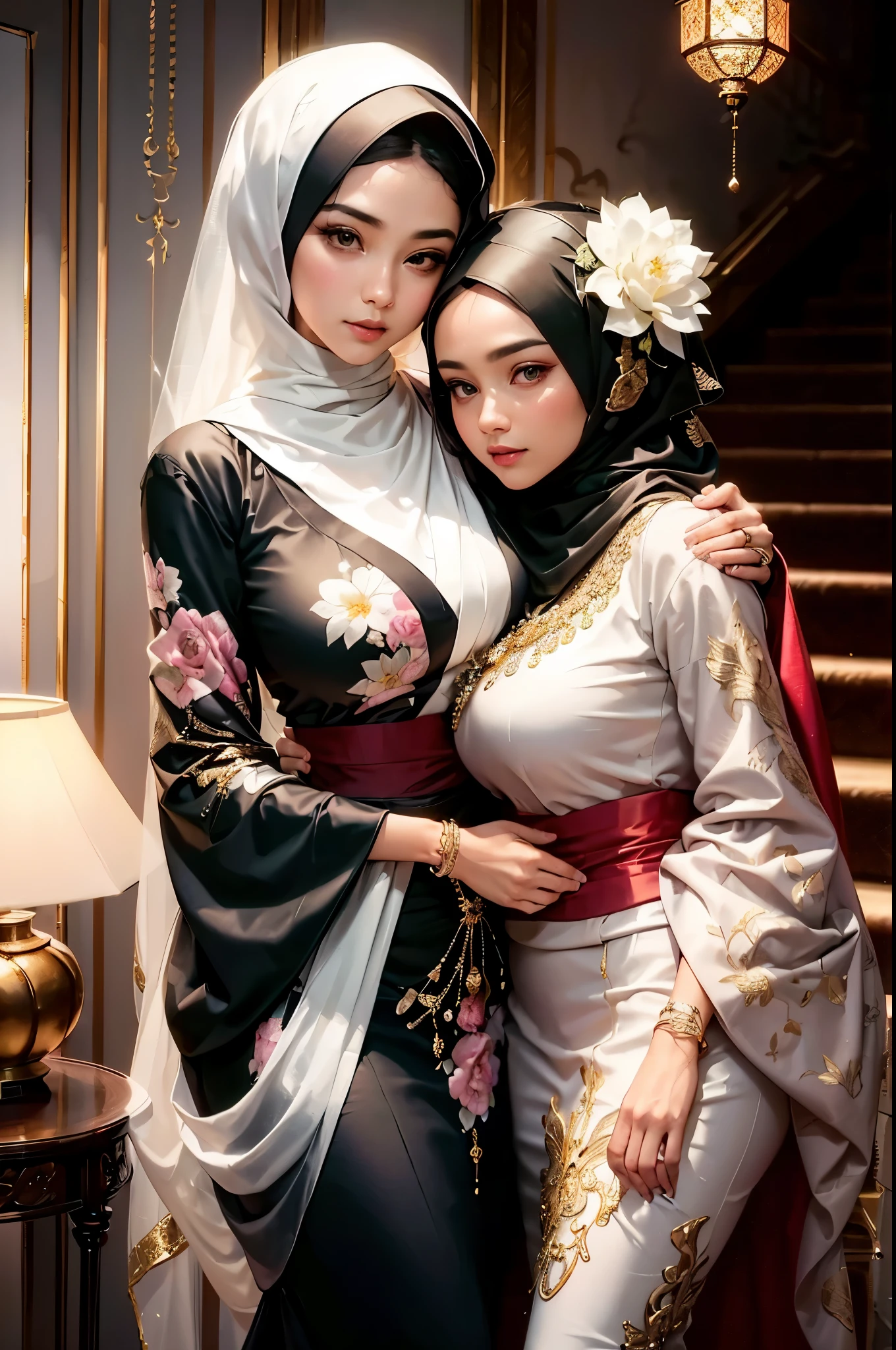 (beautifull lady and her sister, wear detail luxury hijab), (hugging), (holding breast), (detail luxury kimono), (elegant pose), (inside wedding hall), (luxury lamp), (luxury table), expensive detailed necklace, flower vasem detail luxury floor, detail flower vase, detail luxury table, detail luxury stair, detail luxury lamp, beautifull face, pretty face, beautifull eyes, beautifull nose, sexy lips, polished nails, raytracing, beautifull fingers, beautifull hands, (luxury bracelet), (luxury ring), (luxury necklace), (4 fingers in 1 hand), white skin, full body picture, pretty makeup, blush, sfw, masterpiece, best quality:1.2),,(8k,highres,RAW photo,realistic,photo-realistic:1.3),(detailed skin texture,detailed cloth texture,beautiful detailed face:1.25),professional lighting,photon mapping,beautiful soft light,radiosity,physically-based rendering,raytracing, model shoot style, model shoot style, (extremely detailed CG unity 8k wallpaper), full shot body photo of the most beautiful artwork in the world,