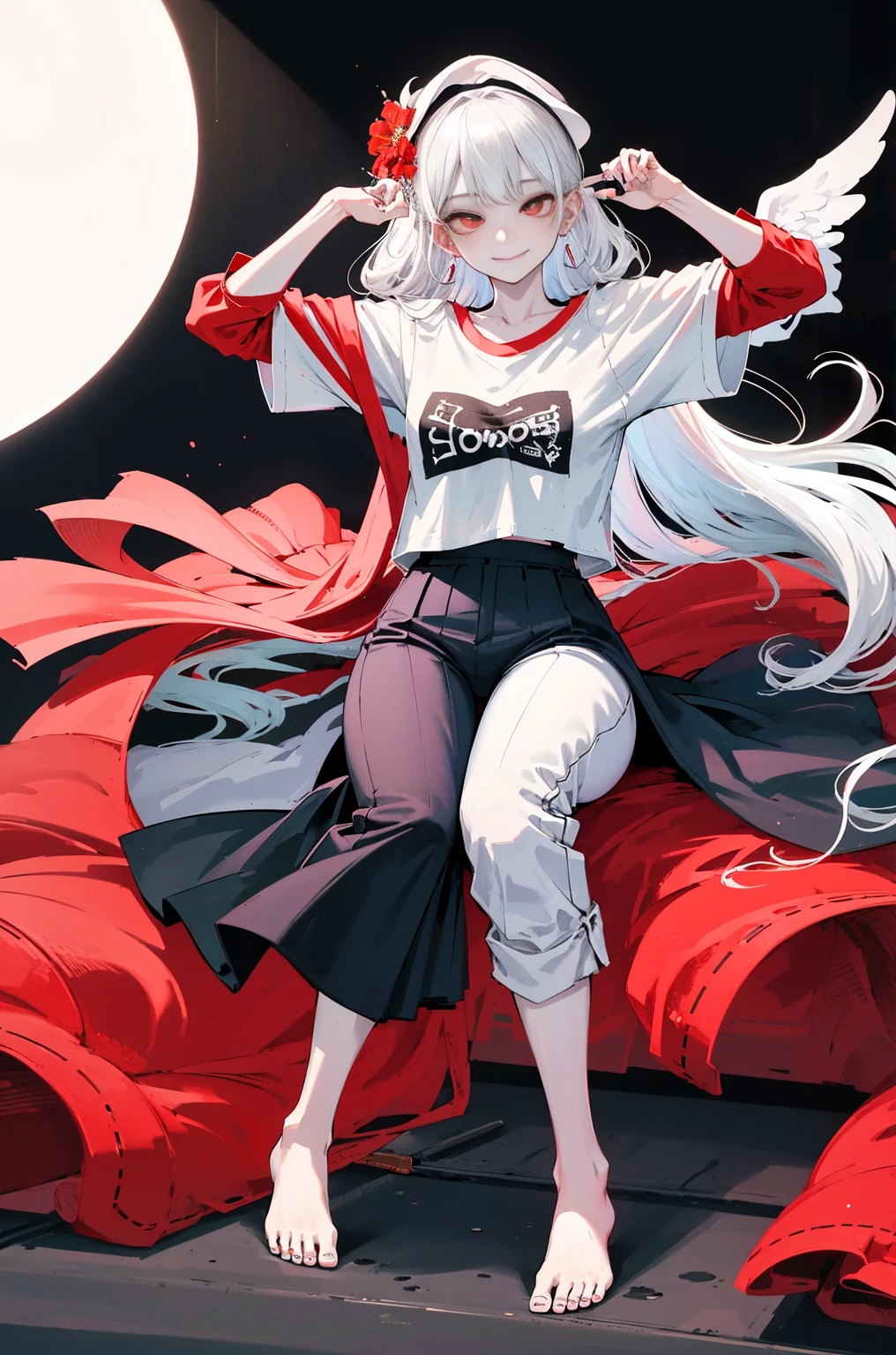 Hyper-Resolution,
(realisticlying:1.3),
(1 Slim girl), Fashionab女孩, Fashionab,
Young face, Red eye makeup，Be red in the face, (lusty  smile),
(Slim) upper legs,
bonnet, T-shirt with missing earrings), (Loose pants below the knee),
Intaglio printing,Fashion show，
On stage，fully body photo，The barefoot，emo girl, kawaii, silber hair,  Angelic, angel ring, lock,, The white花, The white, pure white, silvery white