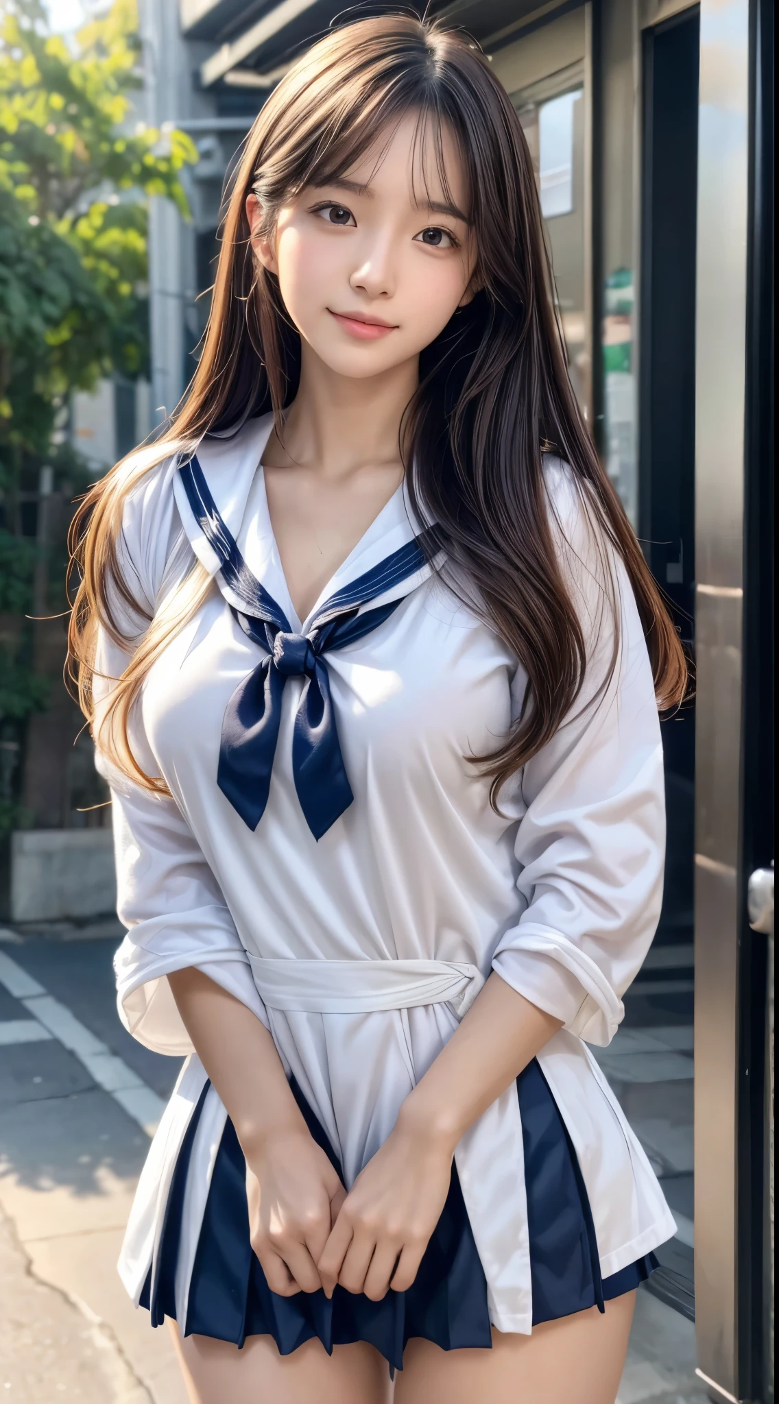 (8K,masutepiece, Raw photo,Best Quality:1.4),(photographrealistic:1.2),(extremely Detailed face),(Shiny skin),(Detailed skin),(Detailed face),(Extremely beautiful face),1girl in,Looking at Viewer,Japanese ido(actor hair,Medium Hair,Straight hair,asymmetrical bangs,Smile,glamor,Big breasts, (School uniform, Sailor Suit:1.2), Street ,High Position,natural soft light