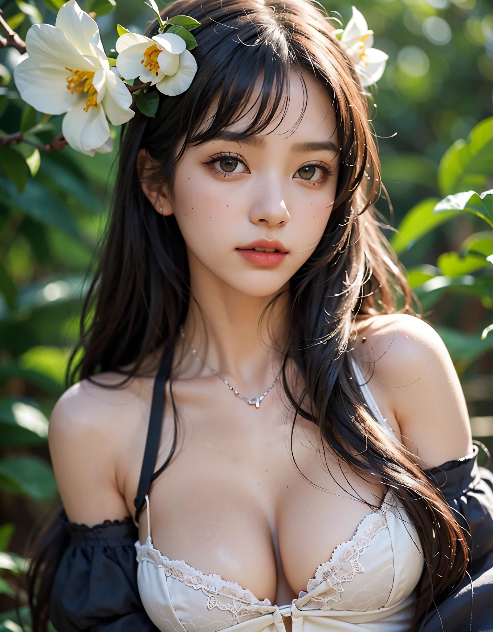 beautiful eyes and face、An ultra-high picture quality、8k、Smart Body、High Style、About 24 years old、Detailed eyes、Detailed skin、Crystal clear white skin、off shoulders、((Black dress))、middlebreasts、simple background、((skin whitening))、a necklace、Beautiful collarbone、