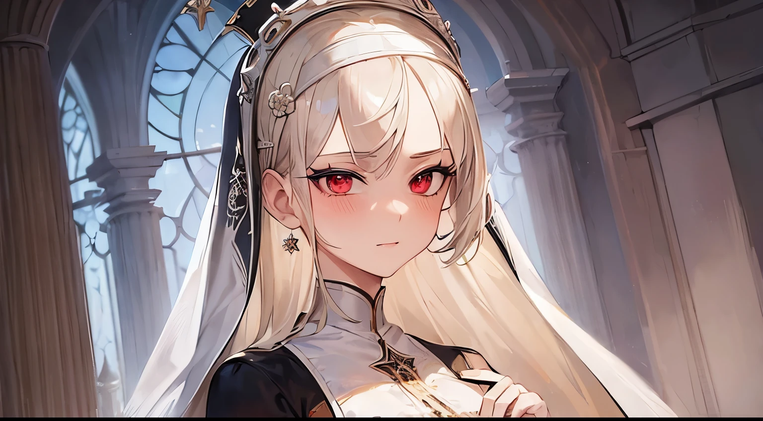 ((Masterpieces: 1.4)), very detailed, PERFECT FACE, Perfect nun outfit, high quality, 1girl, (platinum blonde hair: 1.2), perfect hair, 1girl with red eyes with feather hair ornament and nun outfit in the tower, elegant, smooth, lady and mature, (smug face:1.2), cute blushing: 1.2, stupid emo