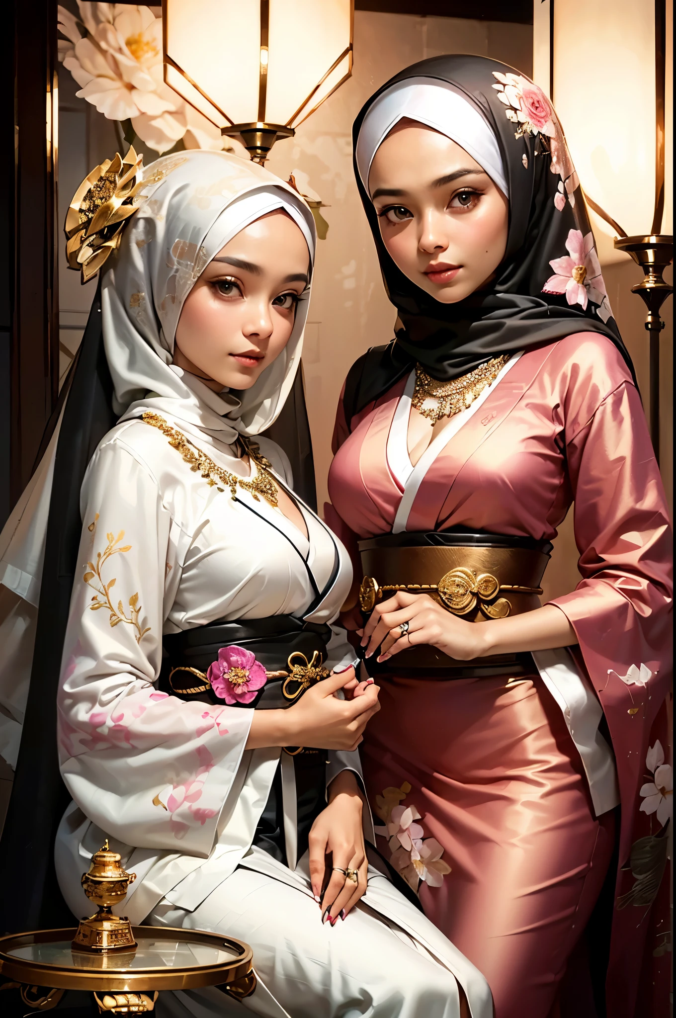 (beautifull lady and her sister, wear detail luxury hijab), (hugging), (holding breast), (detail luxury kimono), (elegant pose), (inside wedding hall), (luxury lamp), (luxury table), expensive detailed necklace, flower vasem detail luxury floor, detail flower vase, detail luxury table, detail luxury stair, detail luxury lamp, beautifull face, pretty face, beautifull eyes, beautifull nose, sexy lips, polished nails, raytracing, beautifull fingers, beautifull hands, (luxury bracelet), (luxury ring), (luxury necklace), (4 fingers in 1 hand), white skin, full body picture, pretty makeup, blush, sfw, masterpiece, best quality:1.2),,(8k,highres,RAW photo,realistic,photo-realistic:1.3),(detailed skin texture,detailed cloth texture,beautiful detailed face:1.25),professional lighting,photon mapping,beautiful soft light,radiosity,physically-based rendering,raytracing, model shoot style, model shoot style, (extremely detailed CG unity 8k wallpaper), full shot body photo of the most beautiful artwork in the world,