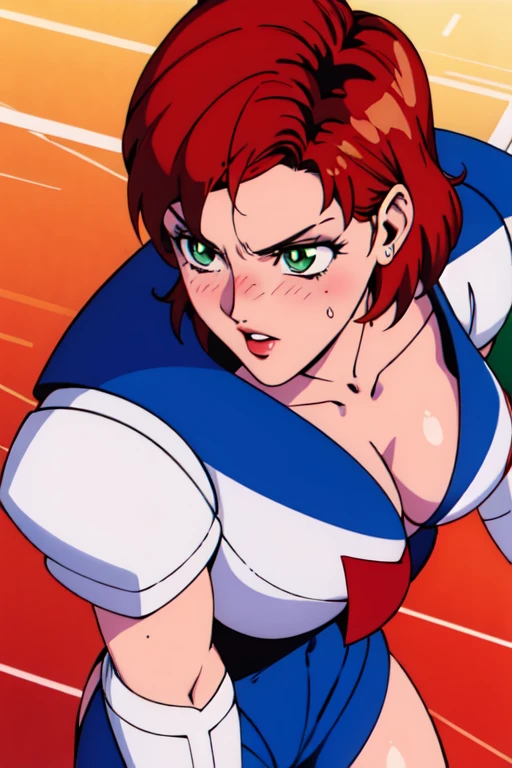 1990s_\(style\), sailor moon anime style, retro anime, masterpiece, best quality, 1girl, cowboy shot, Jane Shepard, FemShep, short hair, red hair, green eyes, black power armor, N7,