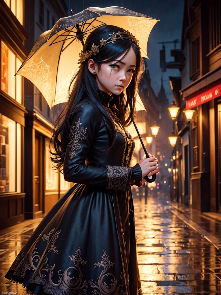 hyper realisitc, mail art, Fantasy, fairytale, detailed ink splashes, dynamic poster, Art in the style of comics, Colors: Black, girl with an umbrella walking, looking up at the camera, POV from the corner, Perfect Beauty, detaled face, modern wardrobe, casual hairstyle, Long hair, the anime, final Fantasy illustration style, mysterious, Background: Street, rainy, night time, Expression of crying, mysterious, dynamicpose, Light on the face, shadow play, a perfect face, sharp glowing perfect eyes, James Jean, craola, Andy Kehoe, Dorian Vallejo, Damian Lehoshest, Todd Lockwood, Patchwork, stained glass windows, storybook illustration, very detailed unusual beautiful details, an intricate, an intricate pose, a masterpiece of the smallest details, hiquality, an intricate lighting, luminism, Yellow, , mysterious
