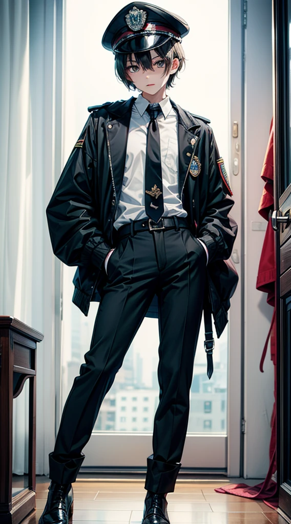 boy,Wear white gloves,Wear black long-sleeved clothes and tie,Wear a black officer's hat,Wear black pants,Wear handmade black bootlack eyes,with short black hair,licking gloveace flushed,perspired,Very shy,full body