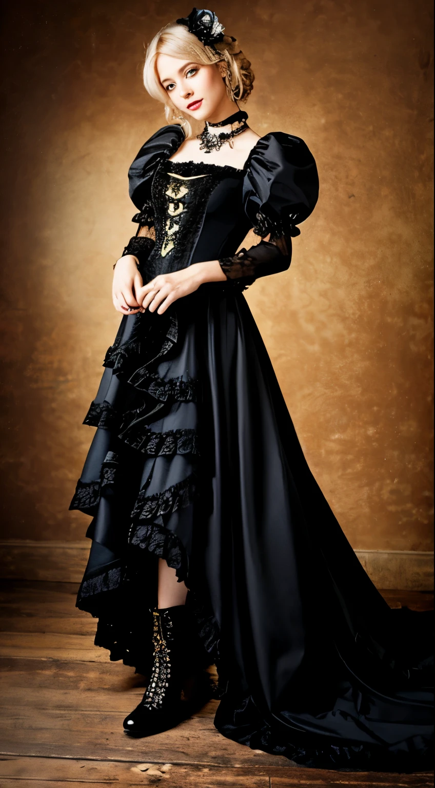 woman wearing dress and boots , baroque dress, in detailed steampunk dress, an elegant gothic princess, victorian gothic lolita fashion, 歴史的なbaroque dressダーク, black gothic lolita dress, fantasy style clothing, rococo dress, black rococo, classical witch, fantasy outfit, wearing a gothic dress, romantic dress, gothic dress,a blond,25-years old,(((Upper body portrait)))A smile,