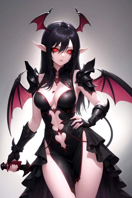 masterpiece, best quality, 1girl, solo, draenei, glowing eyes, , bat wings, colored sclera, (red skin, colored skin:0.9), red eyes, black hair, scar, tail ornament, standing, wide hips, long legs, cowboy shot, dress, holding sword, pauldrons, parted lips, sexy armor, cleavage