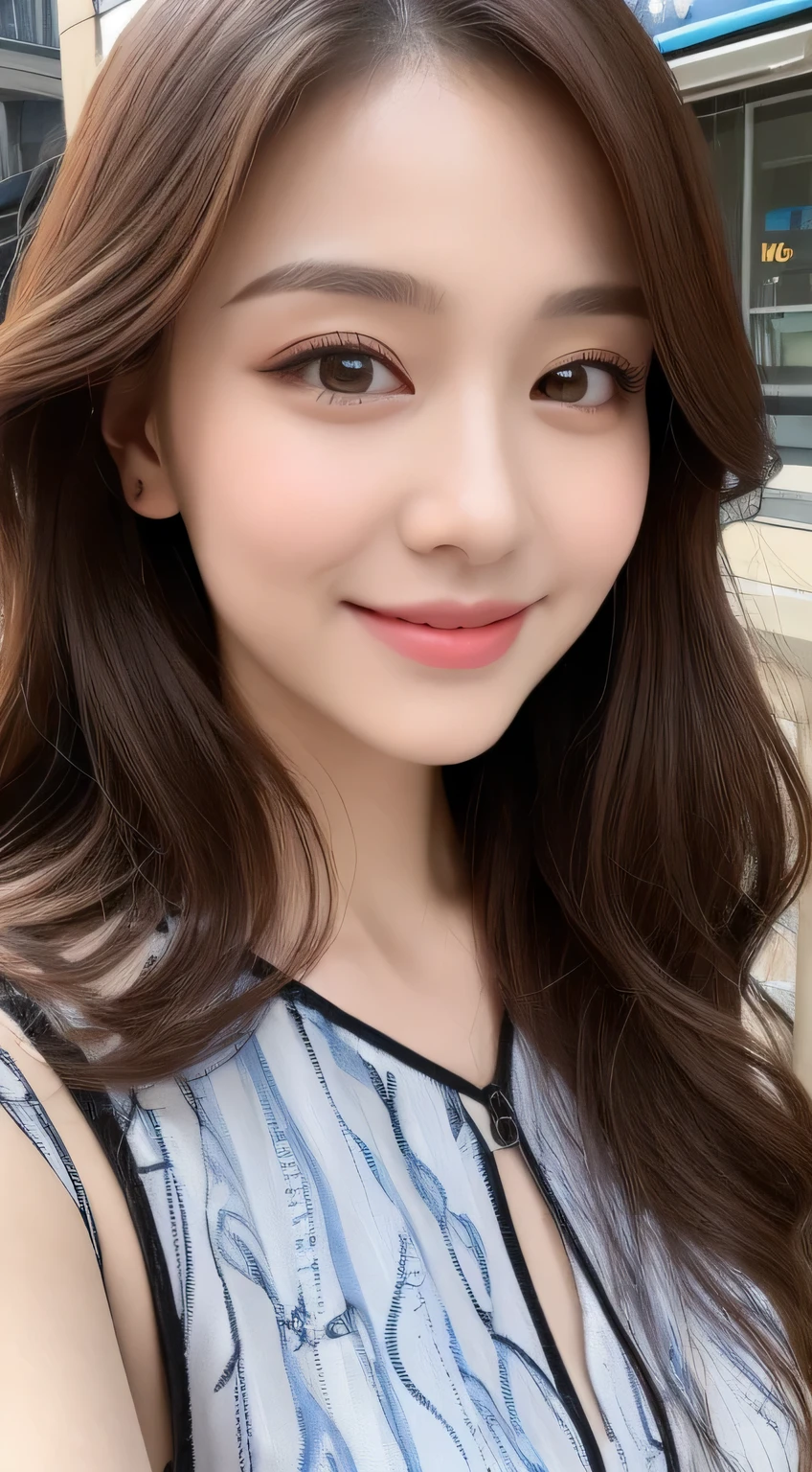 ((Best quality, 8k, Masterpiece :1.3)), 1girl, smiling, full body, slim face, Pretty woman, (Dark brown hair), full length dress :1.1, Ultra-detailed face, Detailed eyes, Double eyelid, blur background, slim face, city, outside, street,