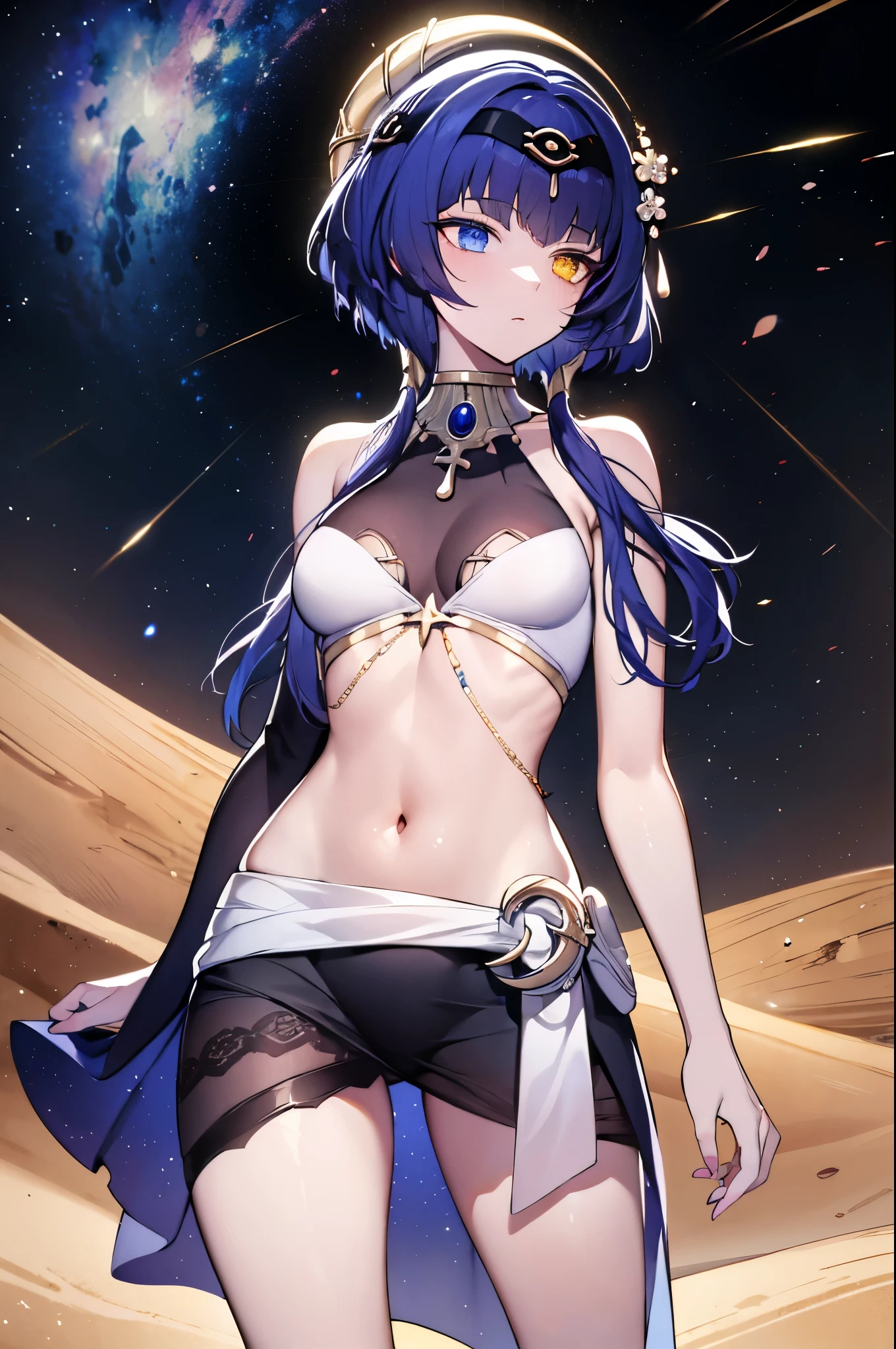detailed, (masterpiece:1.2), (solo:1.2), (female), (emphasis lines:1.3), slender, blue hair, outdoors, looking away, night, starry_sky, navel, bare_shoulders, heterochromia, (skirts), (desert)