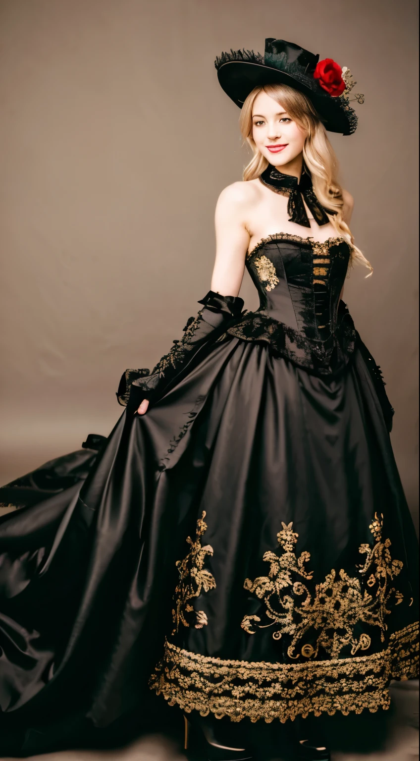woman wearing dress and boots , baroque dress, in detailed steampunk dress, an elegant gothic princess, victorian gothic lolita fashion, 歴史的なbaroque dressダーク, black gothic lolita dress, fantasy style clothing, rococo dress, black rococo, classical witch, fantasy outfit, wearing a gothic dress, romantic dress, gothic dress,a blond,25-years old,(((Upper body portrait)))A smile,