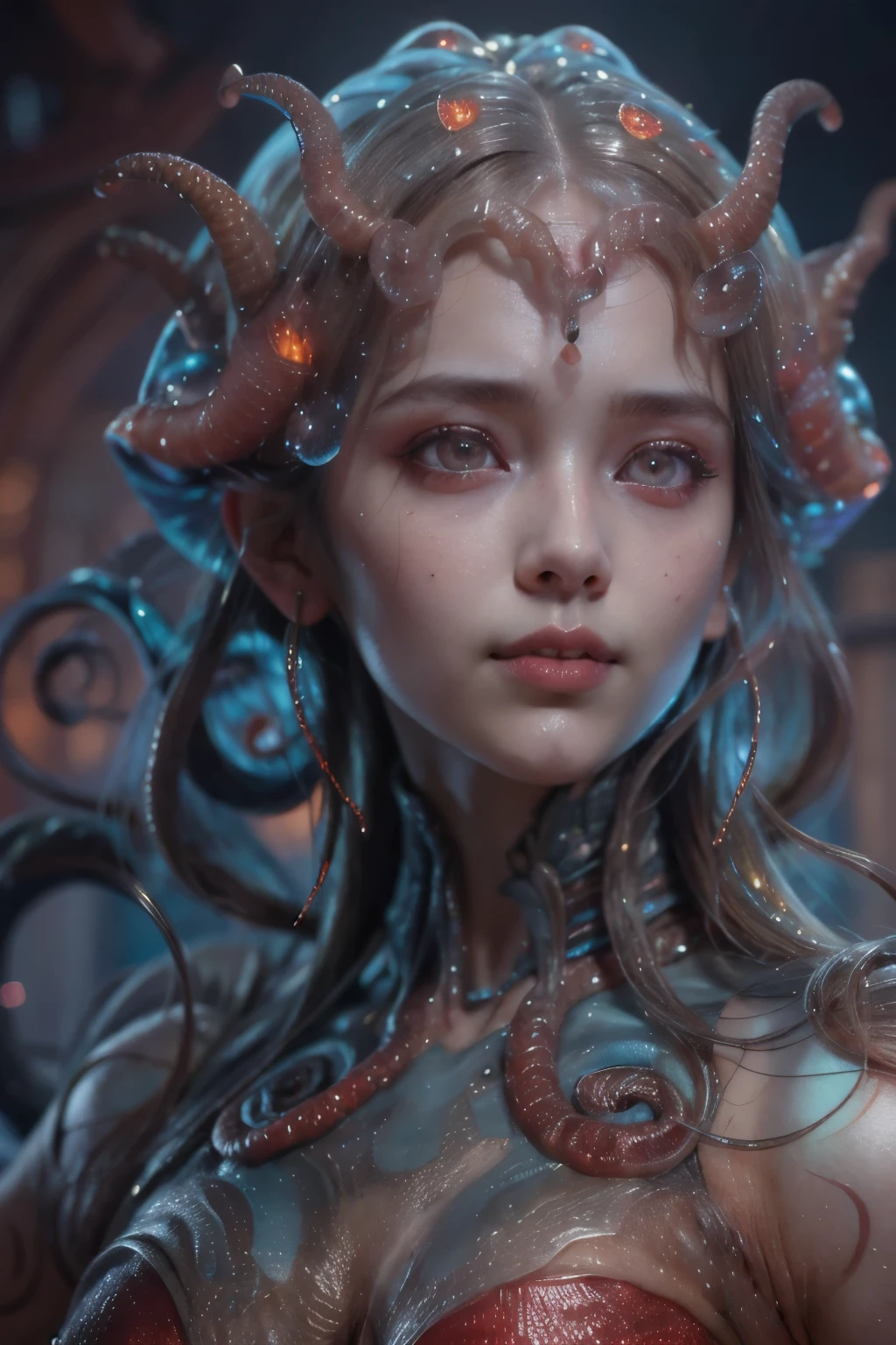 Portrait, (Female Alien:1.2), (There is a slimy female genital-like organ in the middle of the forehead:1.8), (The most beautiful face in the history of the universe:1.2), (scarlet eyes:1.6), (Translucent skin:1.8), an evil gaze that seduces , (red eyes:1.5), Full body like, (sexypose:1.5), alien, No humans, cells are fused, (Lots of blue tentacles:1.1) (Blue skin:1.3), extraterrestrial, cell, bio image, 魅惑的, Best Quality, 8K,4K_quality, high_Definition, Dramatic Lighting, masutepiece:1.5,cinematic quality, detail up, (Intricate details:1.2), high resolution, High Definition, drawing faithfully, (Thick eyebrows:1.2), Beautiful eyes with fine symmetry, (Ultra detailed eyes:1.2),(Highly detailed face and eyes:1.2), (High-resolution red-eye:1.4), Intimate face, (Super detailed skin quality feeling:1.4), Perfect Anatomy, (Beautiful toned body:1.5), (Moist skin:1.2), No makeup, (dark circles:1.1), long canines, cinematic drawing of characters, ultra high quality model, cinematic quality, detail up, (Intricate details:1.2), high resolution, High Definition, drawing faithfully, Official art, Unity 8K wall , 8K Portrait, Best Quality, Very high resolutio, ultra detailed artistic photography, midnight aura, unreal enginee 5, Ultra Sharp Focus, art by alberto seveso, ArtGerm, Roisch, , intricate artwork, Medusa, best quality,tmasterpiece,超A high resolution,(photos realistic:1.4),Ultra-realistic realism,dream-like,nautilus, Creation of fantasy,Snail,Dream Snail,Biopunk nautilus,Thrilling color schemes, Ultra-realistic realism, abstracted, seductively smiling