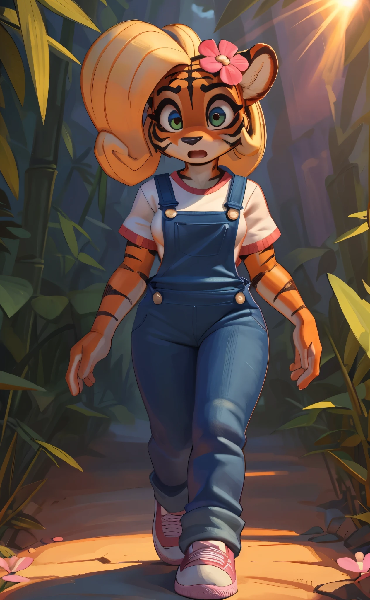 [Coco bandicoot], [Uploaded to e621.net; (Pixelsketcher), (wamudraws)], ((masterpiece)), ((HD)), ((solo portrait)), ((full body)), ((front view)), ((feet visible)), ((furry; anthro)), ((detailed fur)), ((detailed shading)), ((beautiful render art)), ((intricate details)), {anthro tiger; (orange fur), (tiger stripes), black nose, (long tiger tail), (cute green surprised eyes), (short eyelashes), curly blonde hair, curly ponytail, (curvy hips), (beautiful legs), (beautiful paws), (blushing), (surprised), (mouth open)}, {(white shirt), (blue denim overalls), (pink sneakers), (pink flower in hair)}, {(standing), (looking down)}, [background; (bamboo forest), (tropical forest), (sunrise), (blue sky), (sun rays)]