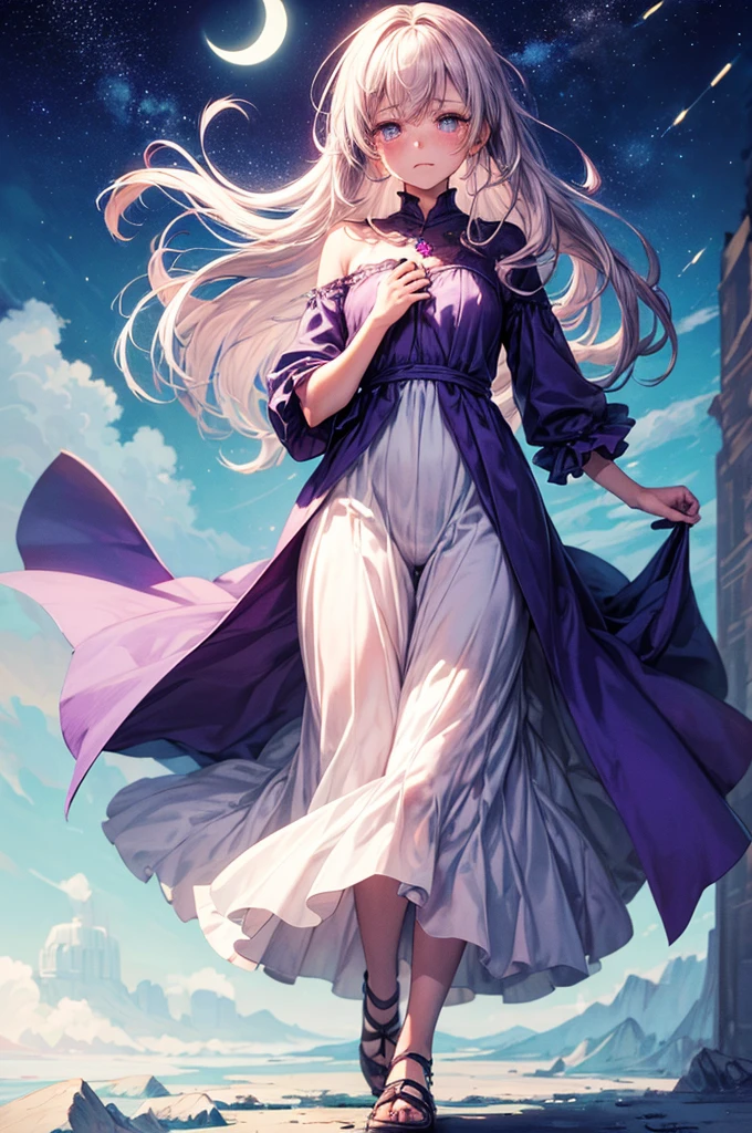 ((masutepiece,Best Quality)),(negative space:1.4),(1girl in, Solo:1.4),Beautiful detailed eyes,Floating pastel pink and lavender hair, Lavender eyes, At night, Starry sky, Shining stars, moon shining, Crying girl,length hair, Hair swaying in the wind, Tears fall and disappear into the sky,full body,