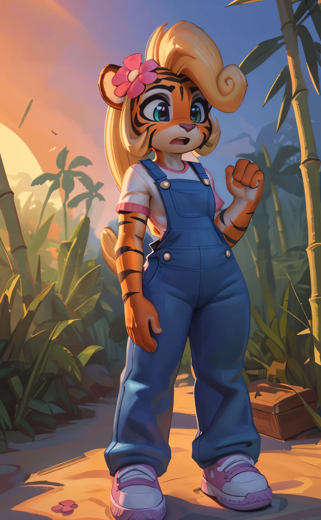 [Coco bandicoot], [Uploaded to e621.net; (Pixelsketcher), (wamudraws)], ((masterpiece)), ((HD)), ((solo portrait)), ((full body)), ((front view)), ((feet visible)), ((furry; anthro)), ((detailed fur)), ((detailed shading)), ((beautiful render art)), ((intricate details)), {anthro tiger; (orange fur), (tiger stripes), black nose, (long tiger tail), (cute green surprised eyes), (short eyelashes), curly blonde hair, curly ponytail, (curvy hips), (beautiful legs), (beautiful paws), (blushing), (surprised), (mouth open)}, {(white shirt), (blue denim overalls), (pink sneakers), (pink flower in hair)}, {(standing), (looking down)}, [background; (bamboo forest), (tropical forest), (sunrise), (blue sky), (sun rays)]