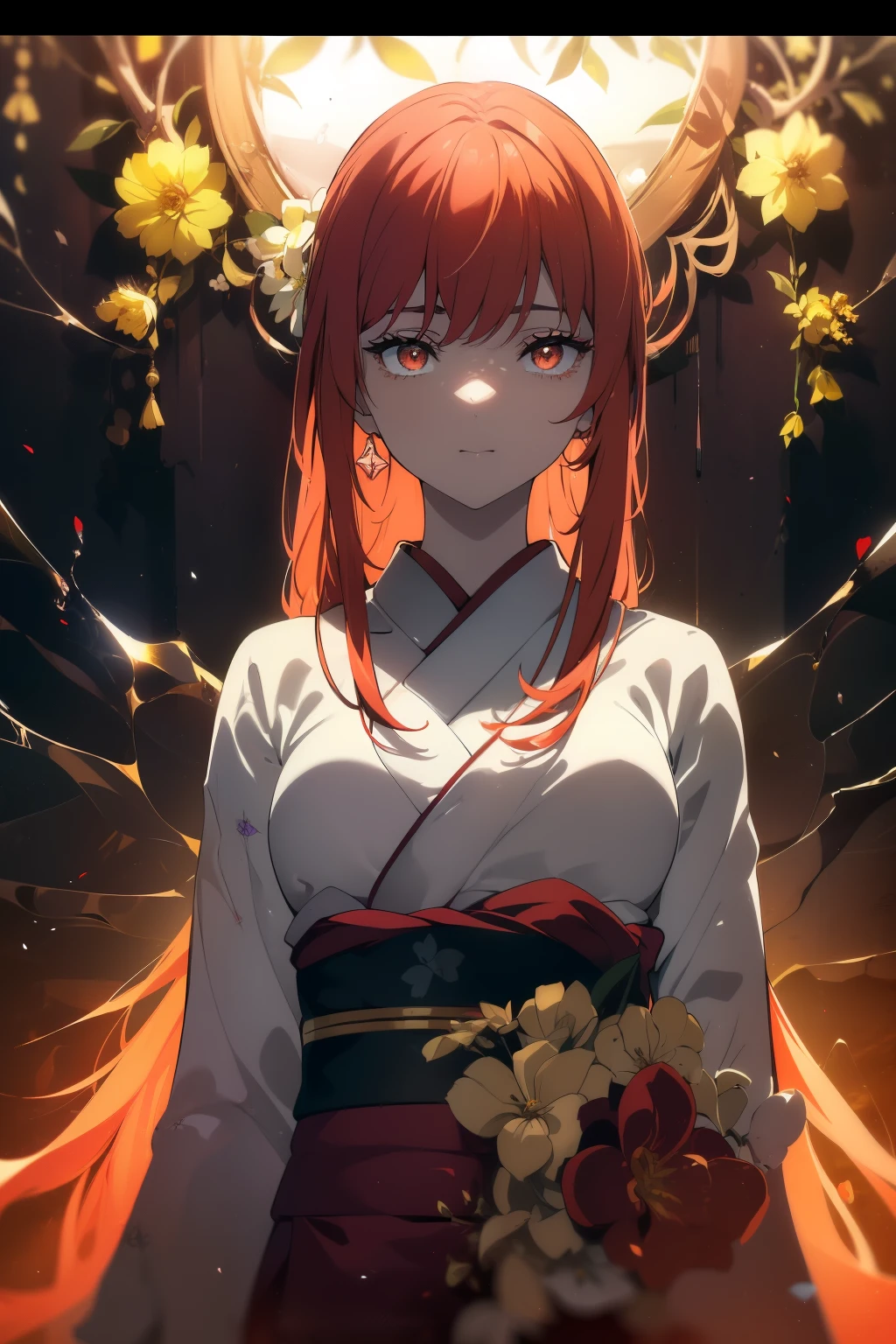 ((((Obra maestra, La mejor calidad, ultrahigh resolution)))), 1girl, standing, ((wearing a red kimono)), long hair cut, pale skin, ((brown eyes)), (glowing_eyes, luminescent eyes), (ultra detailed eyes:0.7, beautiful and detailed face, detailed eyes:0.9), ((centered)), smile, ((wide shot)), facing viewer, (((vibrant background of outside, flowers, bright lighting, summer, sunlight))), flat chested, looking at viewer, ((perfect hands)), ((head:1, hips, elbows, arms, in view)), ((hands behind back)), beautiful lighting, defined subject, (13 years old), ((cool looking)), ((slight breeze in hair, vintage sun glare))