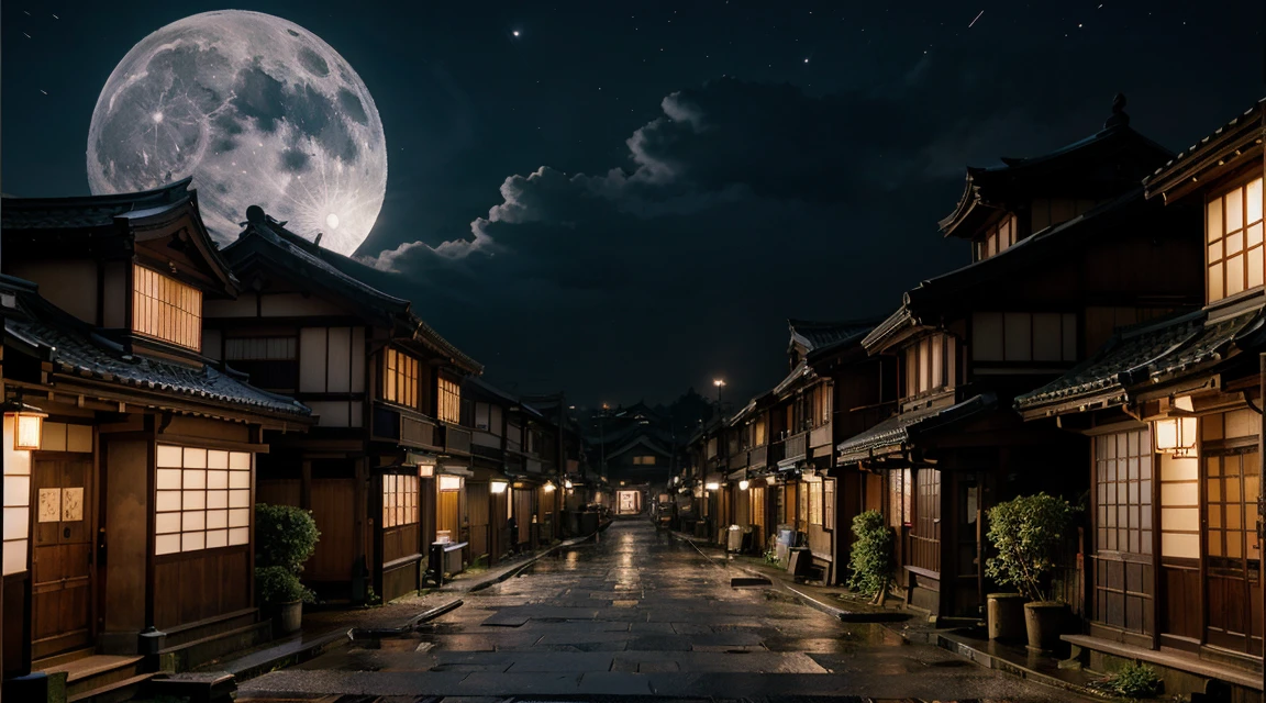 Night scene of streets of full moon and buildings, street moon landscape, Japan at night, Japanese city at night, Japanese town at night, night full moon, fantastic atmosphere of night under moonlight, Japanese village, beautiful moonlight night, Japanese street, night under moonlight, inspired by Kanō Mitsunobu, cyberpunk Japanese temple, Japanese town, garden realism, moon, Rainy atmosphere