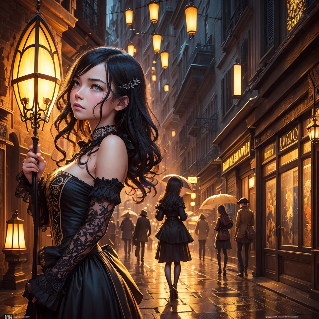 hyper realisitc, mail art, Fantasy, fairytale, detailed ink splashes, dynamic poster, Art in the style of comics, Colorlac, girl with an umbrella walking, looking up at the camera, POV from the corner, Perfect Beauty, detaled face, modern wardrobe, casual hairstyle, Long hair, the anime, final Fantasy illustration style, mysterious, Background: Street, rainy, night time, Expression of crying, mysterious, dynamicpose, Light on the face, shadow play, a perfect face, sharp glowing perfect eyes, James Jean, craola, Andy Kehoe, Dorian Vallejo, Damian Lehoshest, Todd Lockwood, Patchwork, stained glass windows, storybook illustration, very detailed unusual beautiful details, an intricate, an intricate pose, a masterpiece of the smallest details, hiquality, an intricate lighting, luminism, Yellow, , mysterious