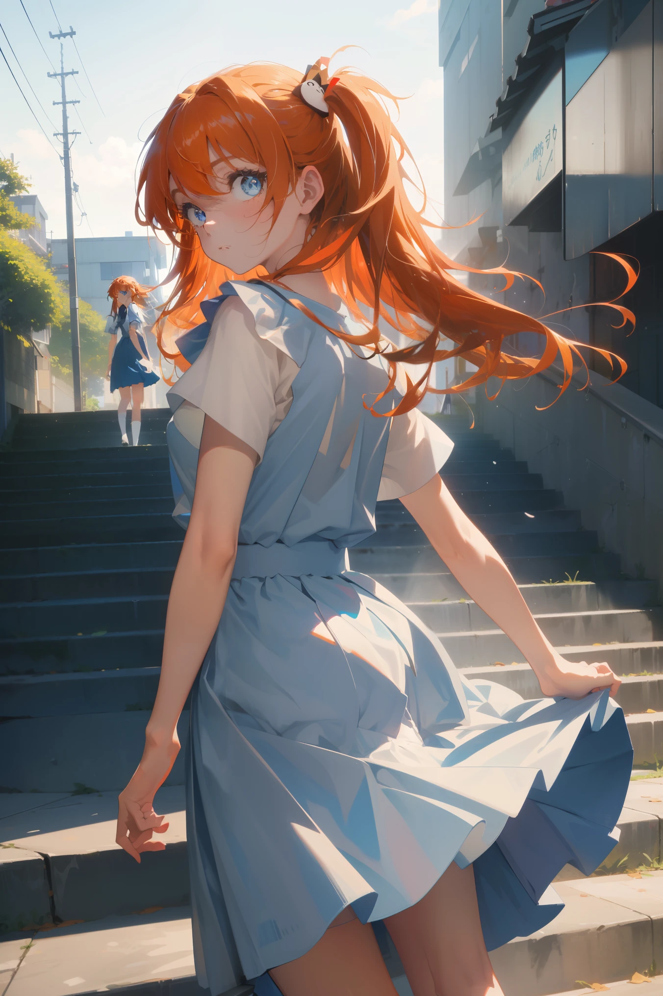 (masterpiece, best quality:1.2), (tsurime:1.2),
(face focus, face close-up, close-up face:1.2), tsurime, 1girl, souryuu asuka langley, solo, blue eyes, school uniform, looking at viewer, long hair, looking back, tokyo-3 middle school uniform, orange hair, white shirt, from behind, shirt, short sleeves, closed mouth, bangs, two side up, stairs, feet out of frame, white socks, suspender skirt, blue skirt, blue dress, outdoors, dress, hair ornament,