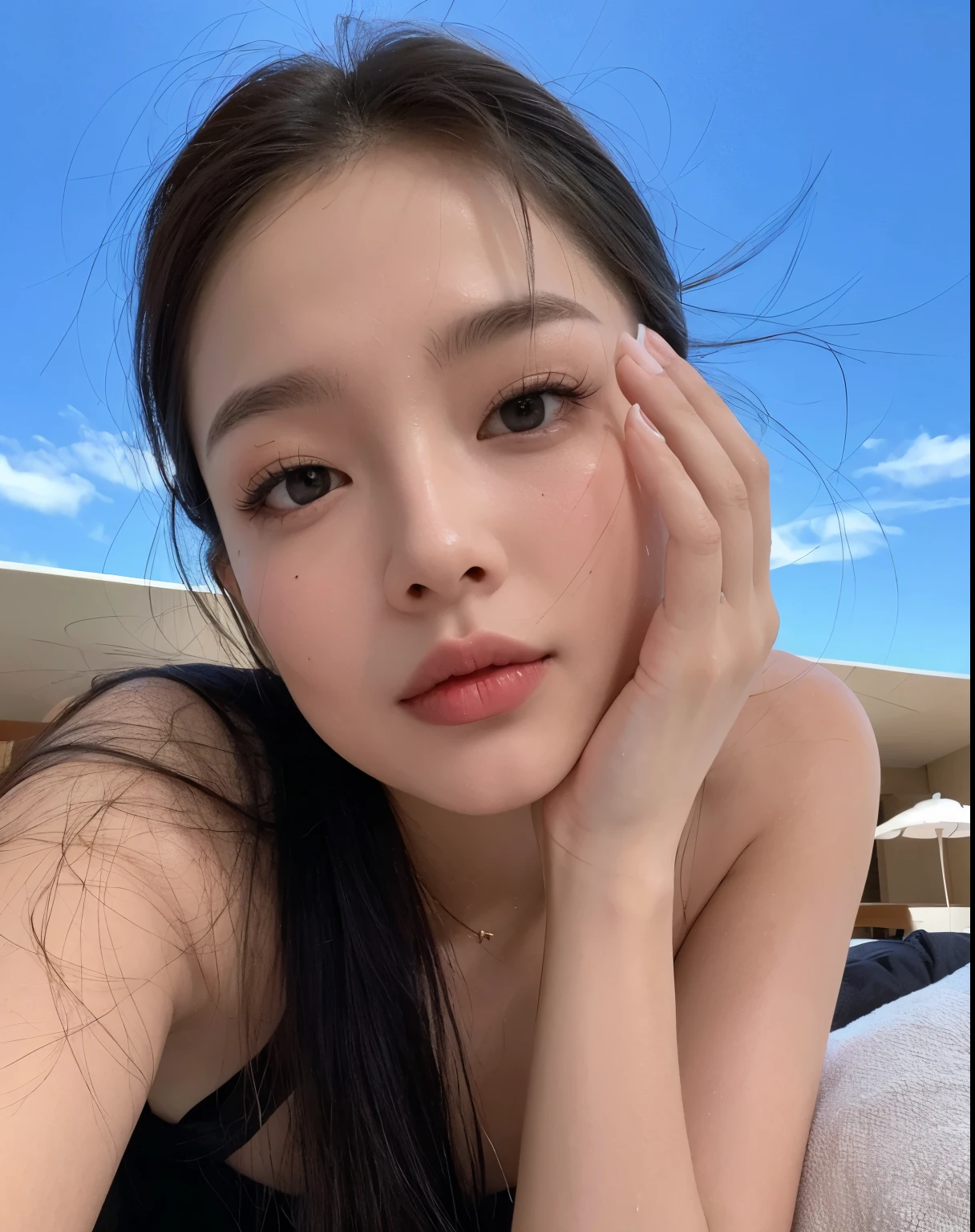 jennie de cabelo castanho, deitada na cama tirando foto com o celular, ela tem cabelos castanhos grande e o rosto inspirado ao da wonyoung, uma beleza esbelta, uma muito delicada