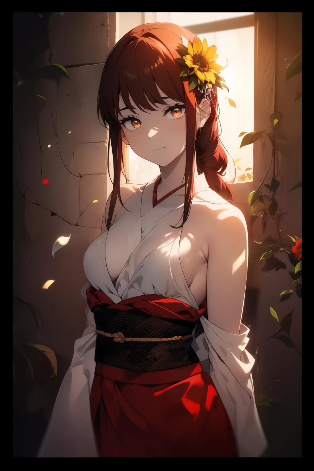 ((((Obra maestra, La mejor calidad, ultrahigh resolution)))), 1girl, standing, ((wearing a red_kimono)), long hair cut, pale skin, ((brown eyes)), (glowing_eyes, luminescent eyes), (ultra detailed eyes:0.7, beautiful and detailed face, detailed eyes:0.9), ((centered)), smile, ((wide shot)), facing viewer, (((vibrant background of outside, flowers, bright lighting, summer, sunlight))), flat chested, looking at viewer, ((perfect hands)), ((head:1, hips, elbows, arms, in view)), ((hands behind back)), beautiful lighting, defined subject, (), ((cool looking)), ((slight breeze in hair, vintage sun glare))