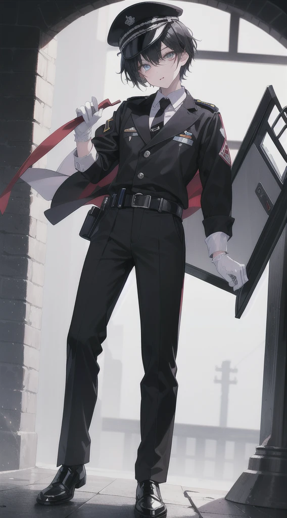 16 years old boy,Wear white gloves,Wear black long-sleeved clothes and tie,Wear a black officer's hat,Wear black pants,Wear handmade black bootlack eyes,with short black hair,licking gloveace flushed,perspired,Very shy,full body