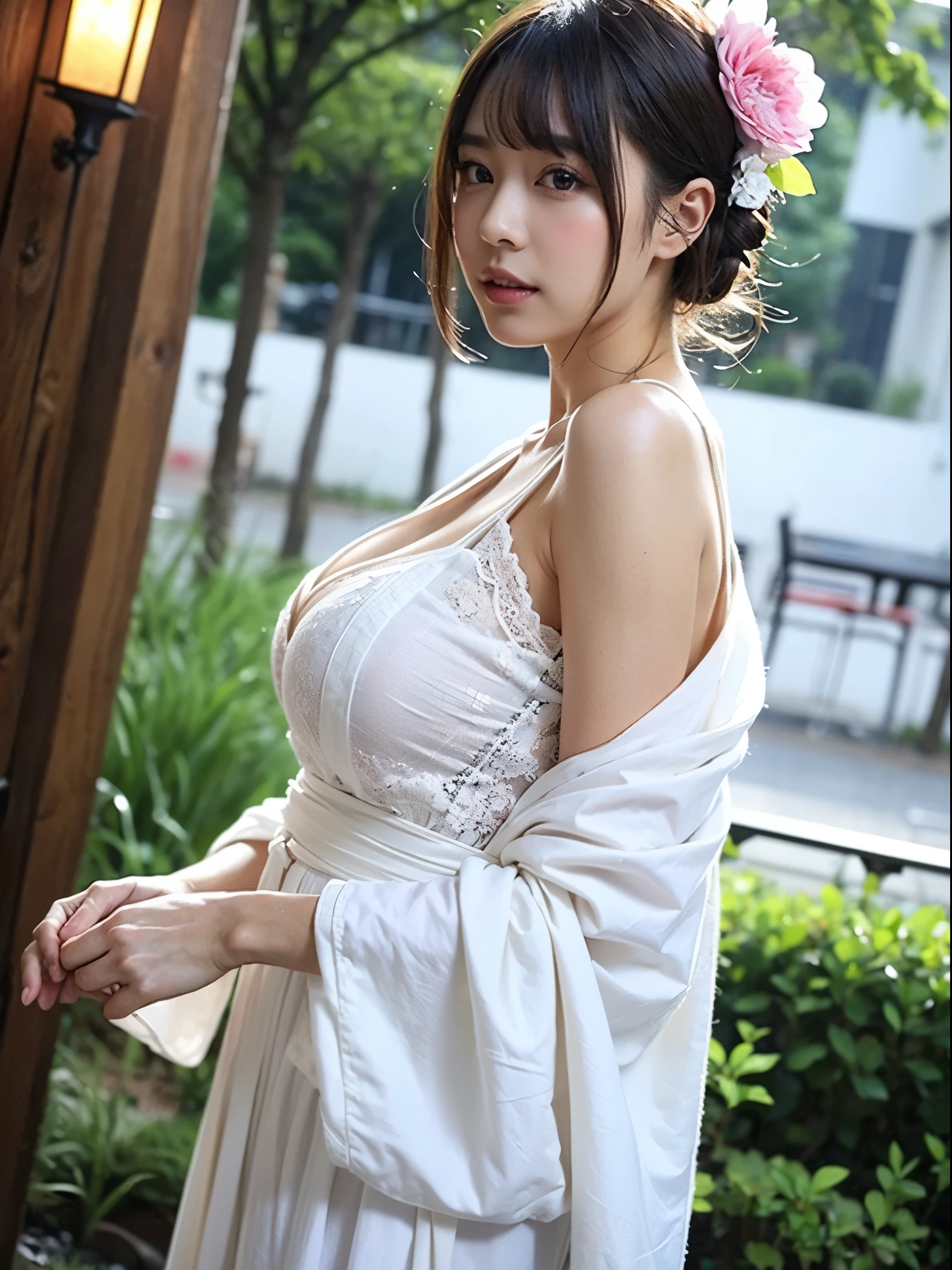 top-quality、超A high resolution、(Photorealsitic:1.4)、女の子1人、hot onsen、White yukata、Chest wide open、(A dark-haired:1)、(huge-breasted:1.2)、looking at viewert、Fold your hands behind your head、With his legs wide open