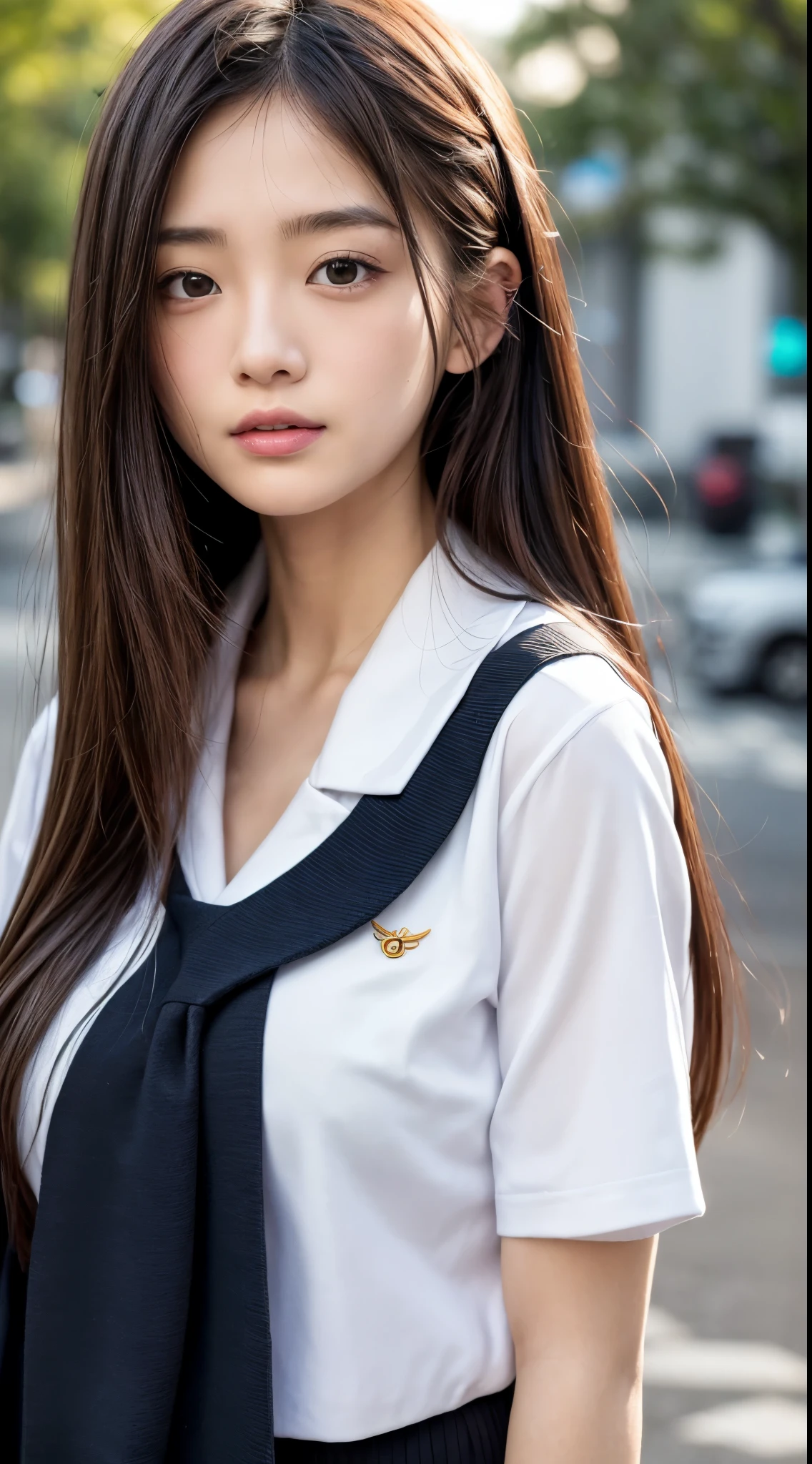 (8K,masutepiece, Raw photo,Best Quality:1.4),(photographrealistic:1.2),(extremely Detailed face),(Shiny skin),(Detailed skin),(Detailed face),(Extremely beautiful face),1girl in,Looking at Viewer,Japanese ido(actor hair,Medium Hair,Straight hair,asymmetrical bangs,Smile,glamor,Big breasts, (School uniform, Sailor Suit:1.2), Street ,High Position,natural soft light