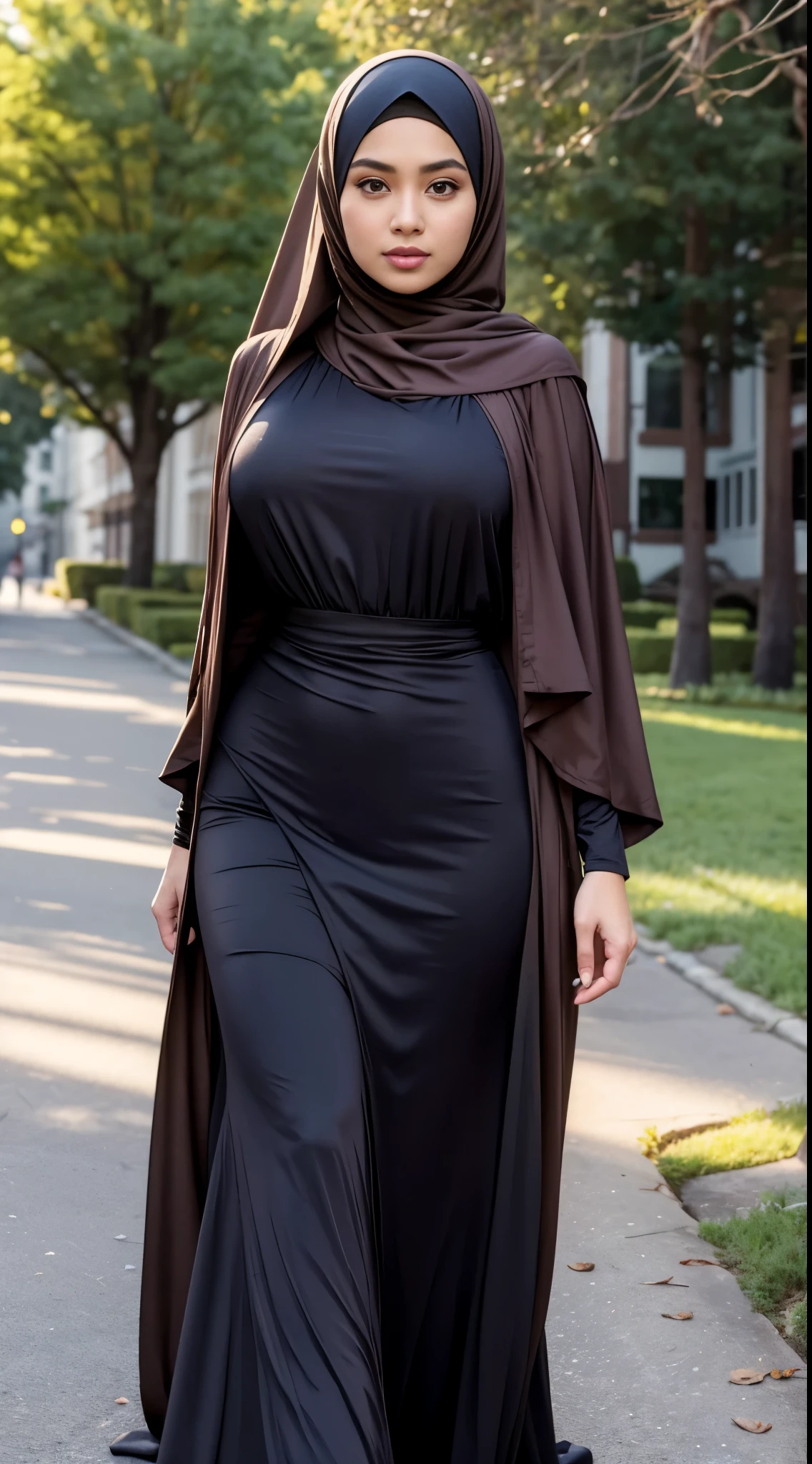 RAW, Best quality, high resolution, masterpiece: 1.3), Beautiful Malay woman in hijab, Masterpiece, perfect fit body, Big breasts, beautiful big eyes, Soft smile,RAW, Best quality, high resolution, masterpiece: 1.3), beautiful Malay woman in hijab,Masterpiece, perfect fit body, big breast, big orgeous eyes, Soft smile, woman wearing a brown dress and a blue scarf, modest flowing gown, multilayered outfit, black and brown colors, long dress female, stylish dress, sophisticated dress, illustrious clothes, detailed picture, flowing dress, black and brown, dressed with long fluent clothes, frock, full covered dress, wearing a long flowy fabric, muted brown, stylish dark dress , smooth turtleneck, hairband, evening walk, City park, Great lighting, Bright colors, Clean lines