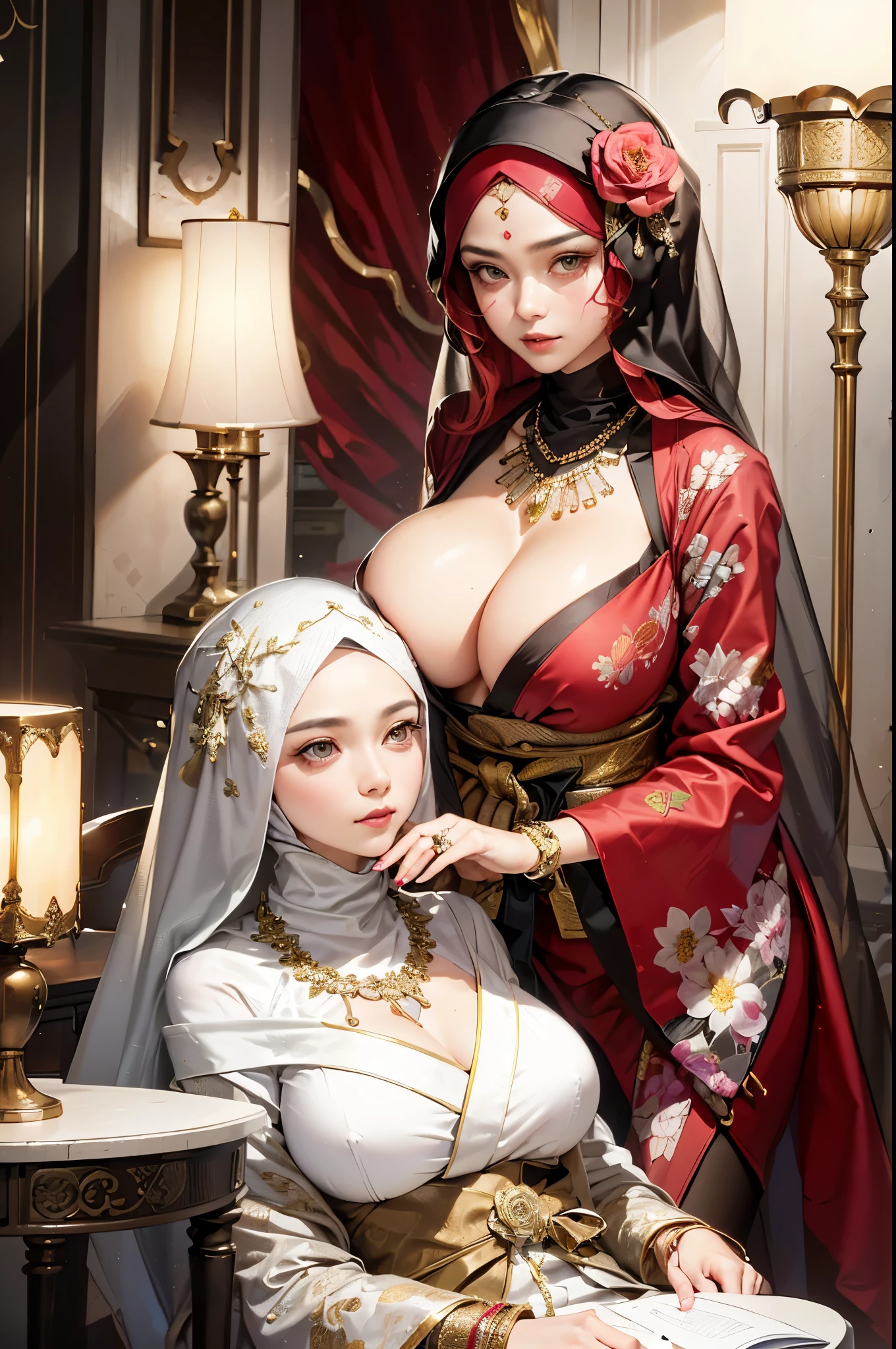 (beautifull lady and her sister, wear detail luxury hijab), (hugging), (holding breast), (detail luxury kimono), (elegant pose), (inside wedding hall), (luxury lamp), (luxury table), expensive detailed necklace, flower vasem detail luxury floor, detail flower vase, detail luxury table, detail luxury stair, detail luxury lamp, beautifull face, pretty face, beautifull eyes, beautifull nose, sexy lips, polished nails, raytracing, beautifull fingers, beautifull hands, (luxury bracelet), (luxury ring), (luxury necklace), (4 fingers in 1 hand), white skin, full body picture, pretty makeup, blush, sfw, masterpiece, best quality:1.2),,(8k,highres,RAW photo,realistic,photo-realistic:1.3),(detailed skin texture,detailed cloth texture,beautiful detailed face:1.25),professional lighting,photon mapping,beautiful soft light,radiosity,physically-based rendering,raytracing, model shoot style, model shoot style, (extremely detailed CG unity 8k wallpaper), full shot body photo of the most beautiful artwork in the world,