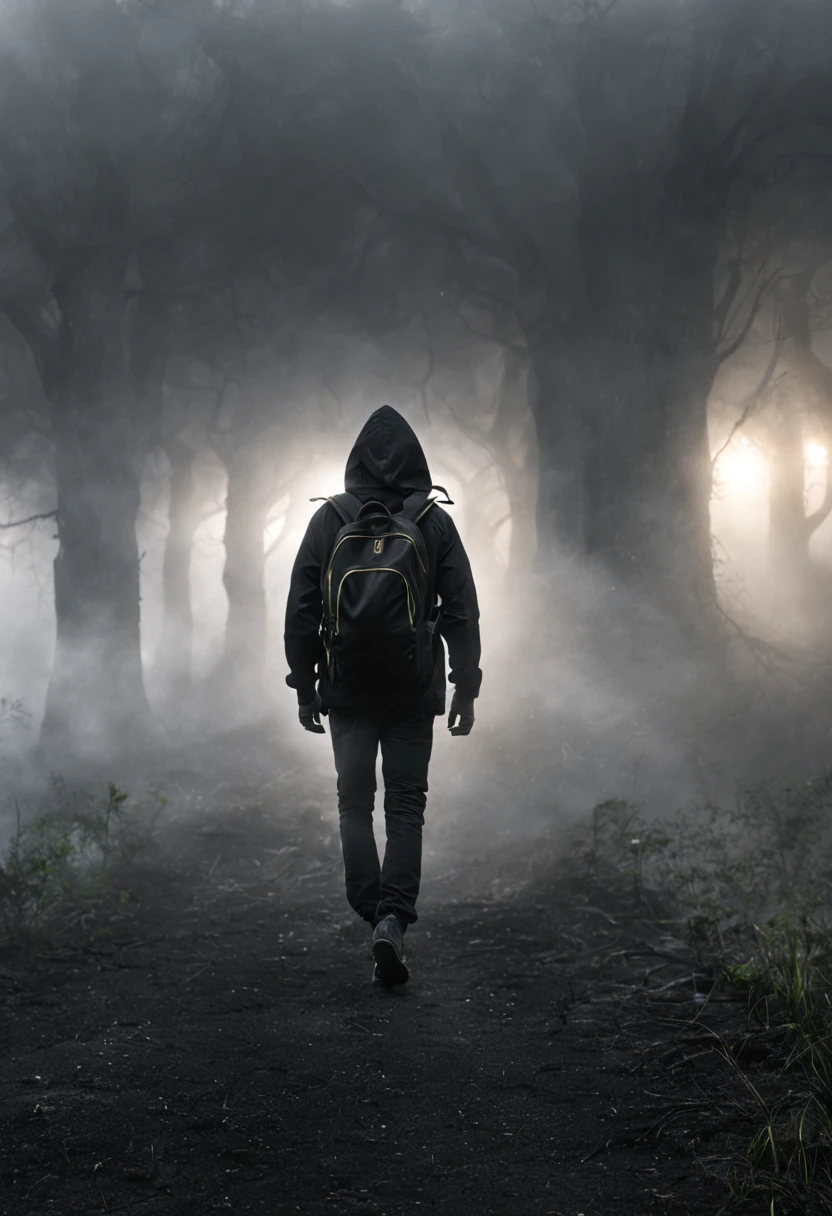 In the mist-shrouded landscape，male teenager，black in color卫衣，black in color，Backpack，walking in the dark。